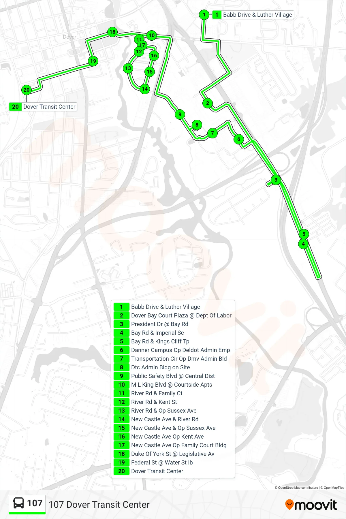 107 bus Line (107 Dover Transit Center) route and stops on a map