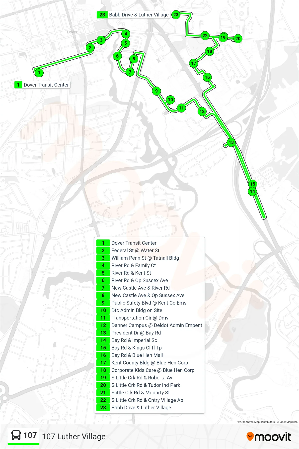 107 bus Line (107 Luther Village) route and stops on a map