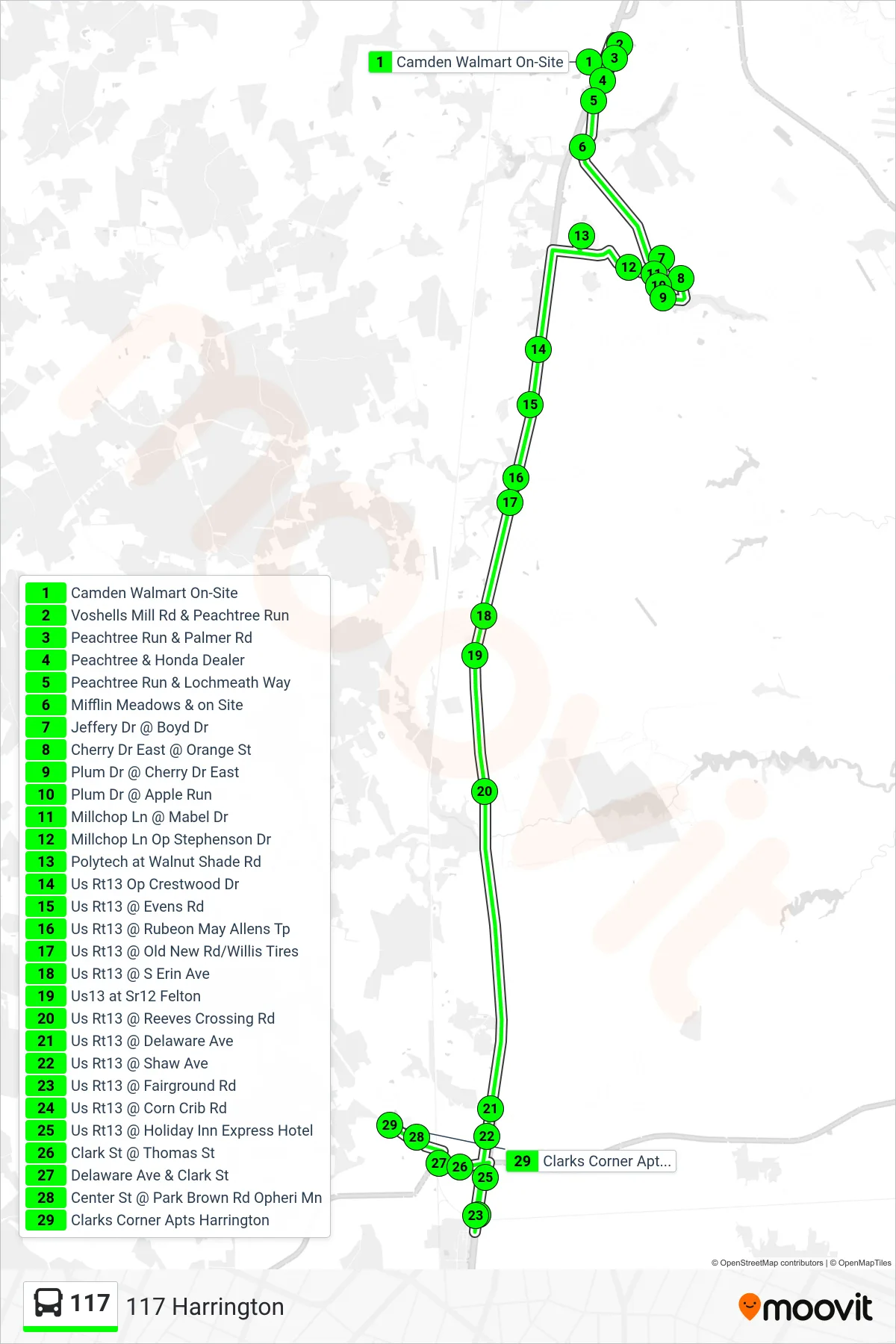 117 bus Line (117 Harrington) route and stops on a map