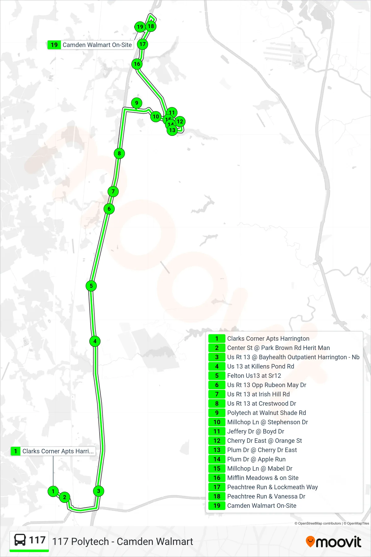117 bus Line (117 Polytech - Camden Walmart) route and stops on a map
