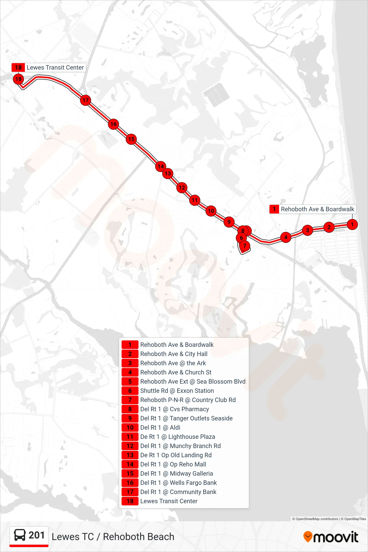 201 bus Line (201 - Lewes Transit Center) route and stops on a map