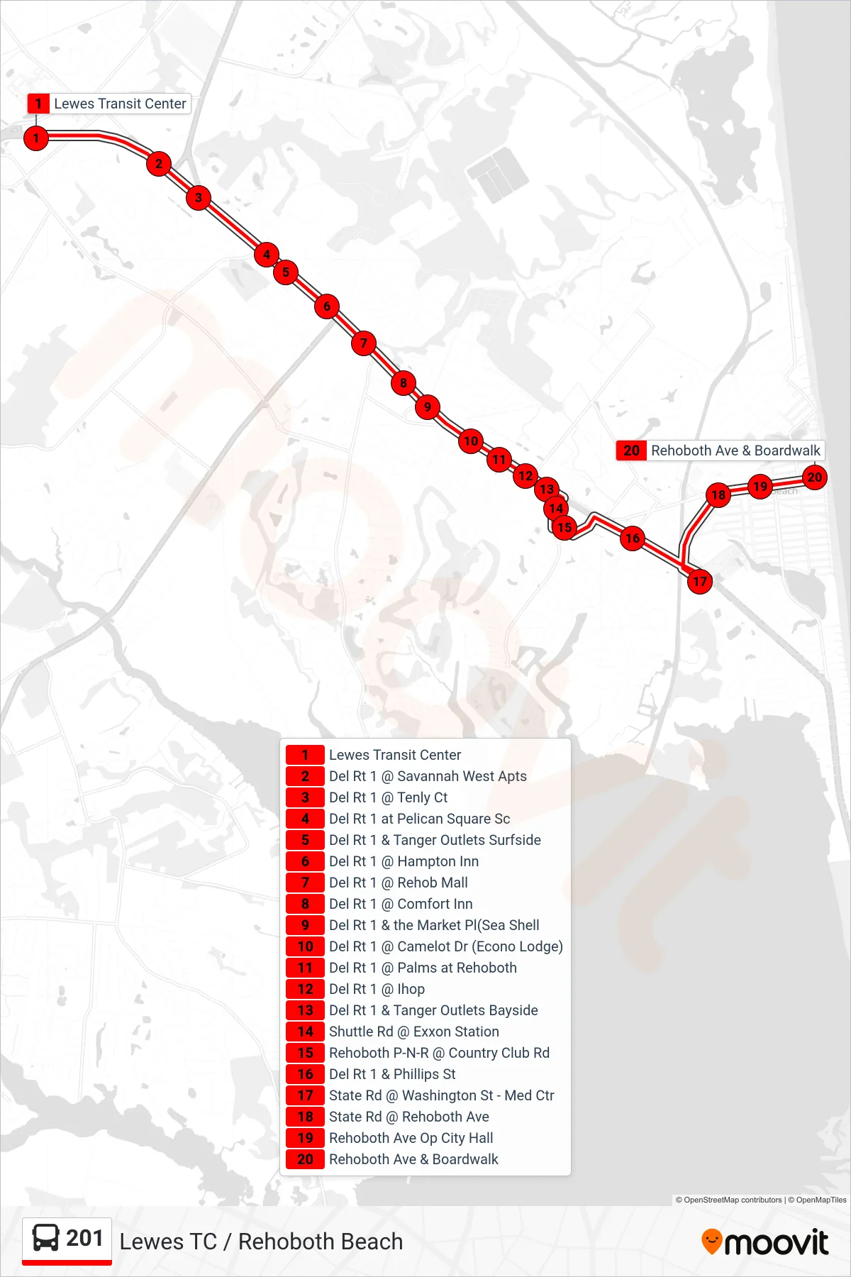 201 bus Line (201-- Rehoboth Park & Ride - Rehoboth Boardwalk) route and stops on a map