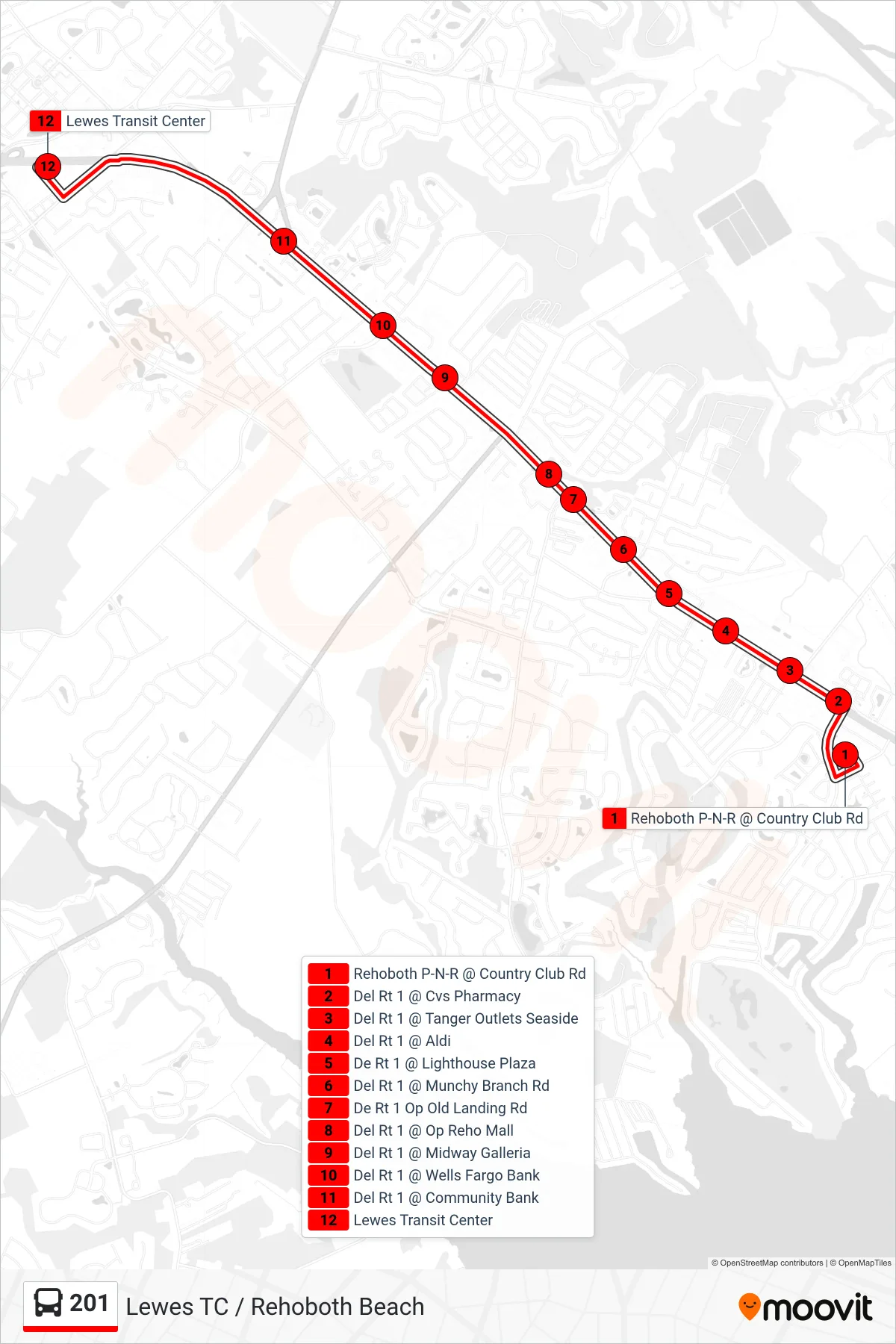 201 bus Line (201 Lewes Transit Ctr) route and stops on a map