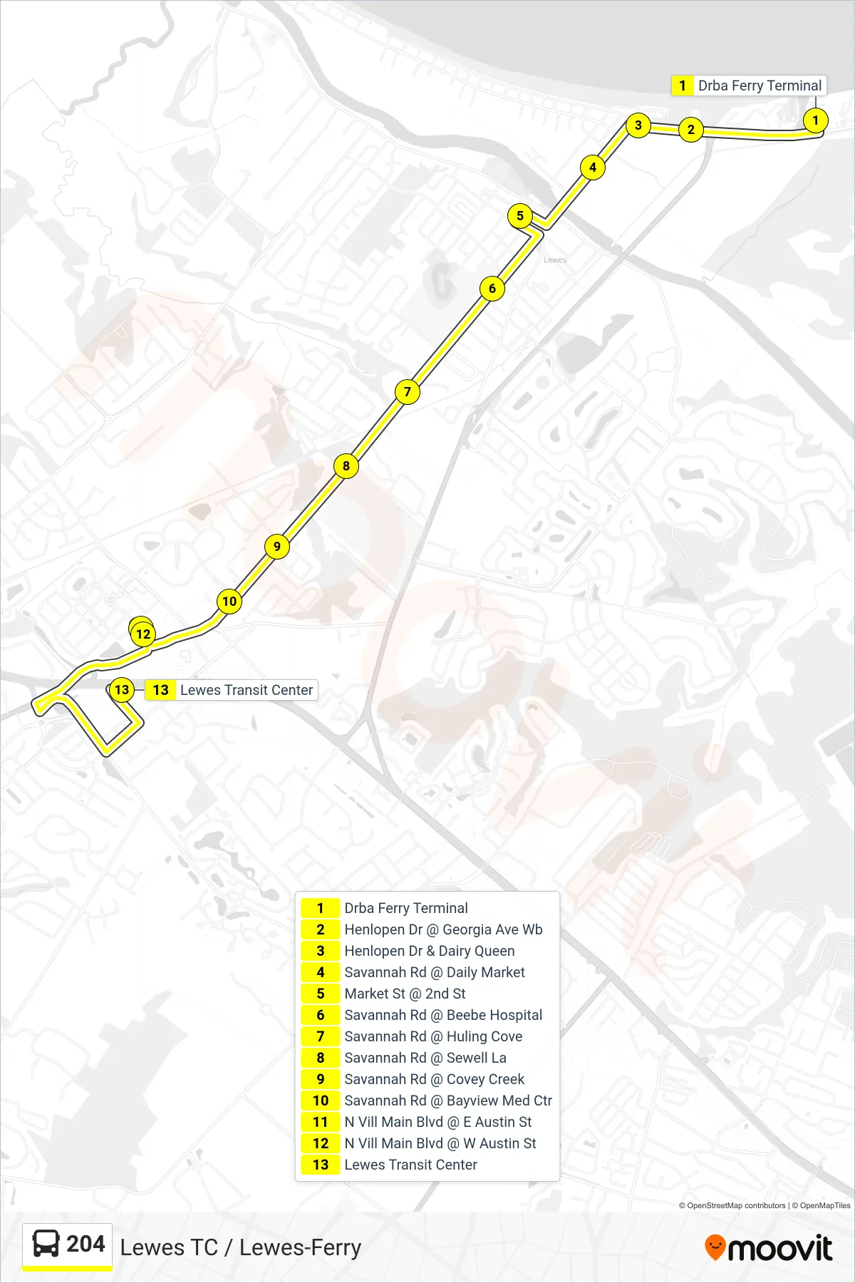 204 bus Line (204 Lewes Transit Ctr) route and stops on a map