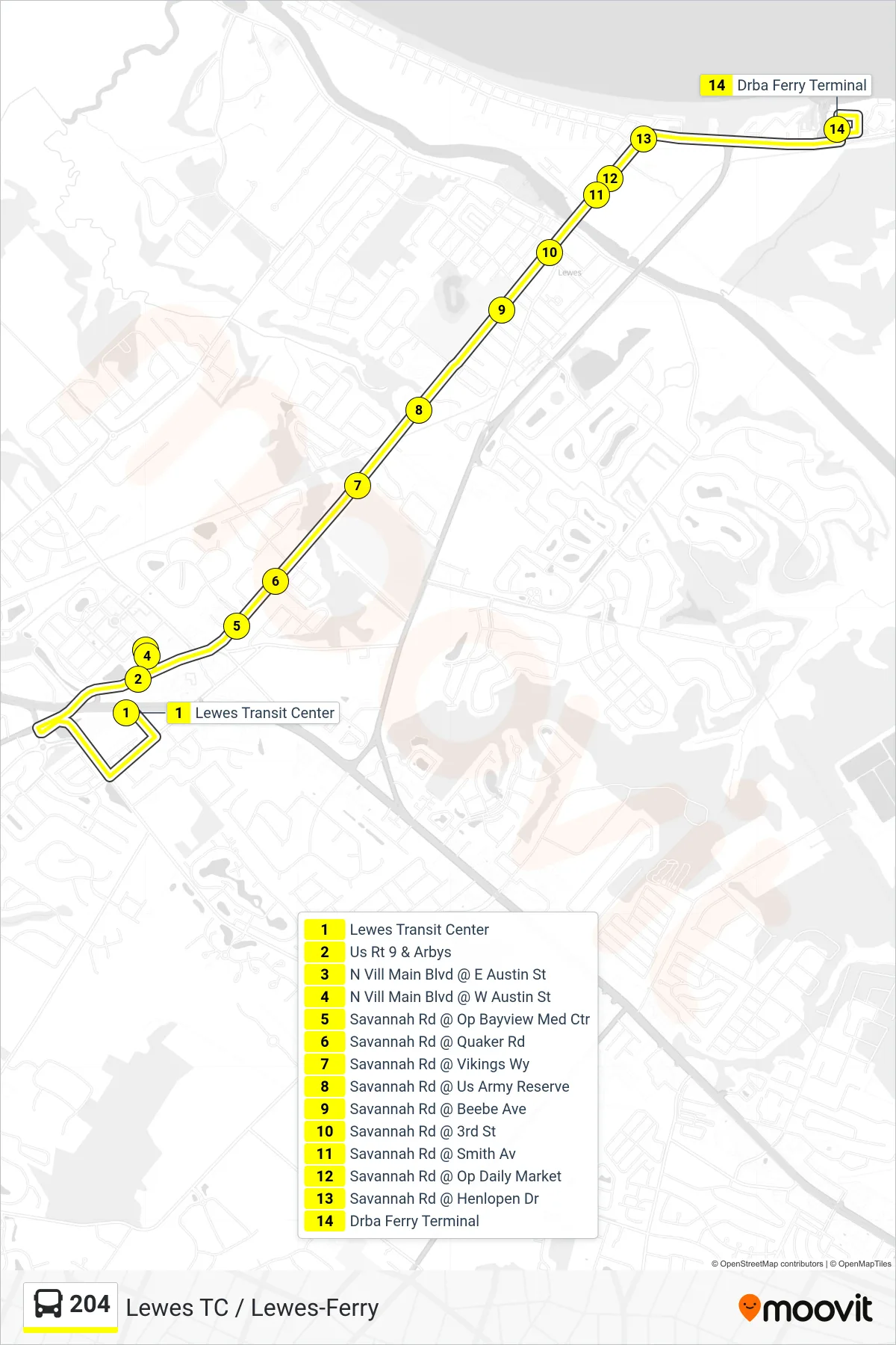 204 bus Line (204 Downtown Lewes - Lewes Ferry Terminal) route and stops on a map