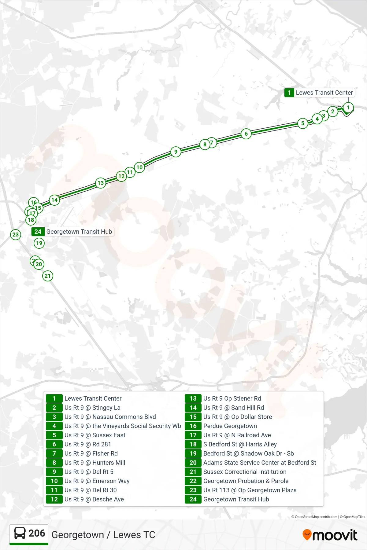 206 bus Line (206 Georgetown) route and stops on a map