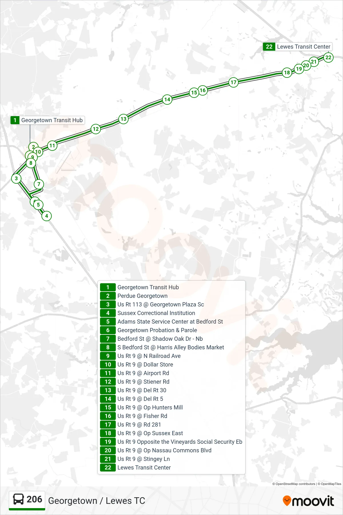206 bus Line (206 Lewes Transit Ctr) route and stops on a map