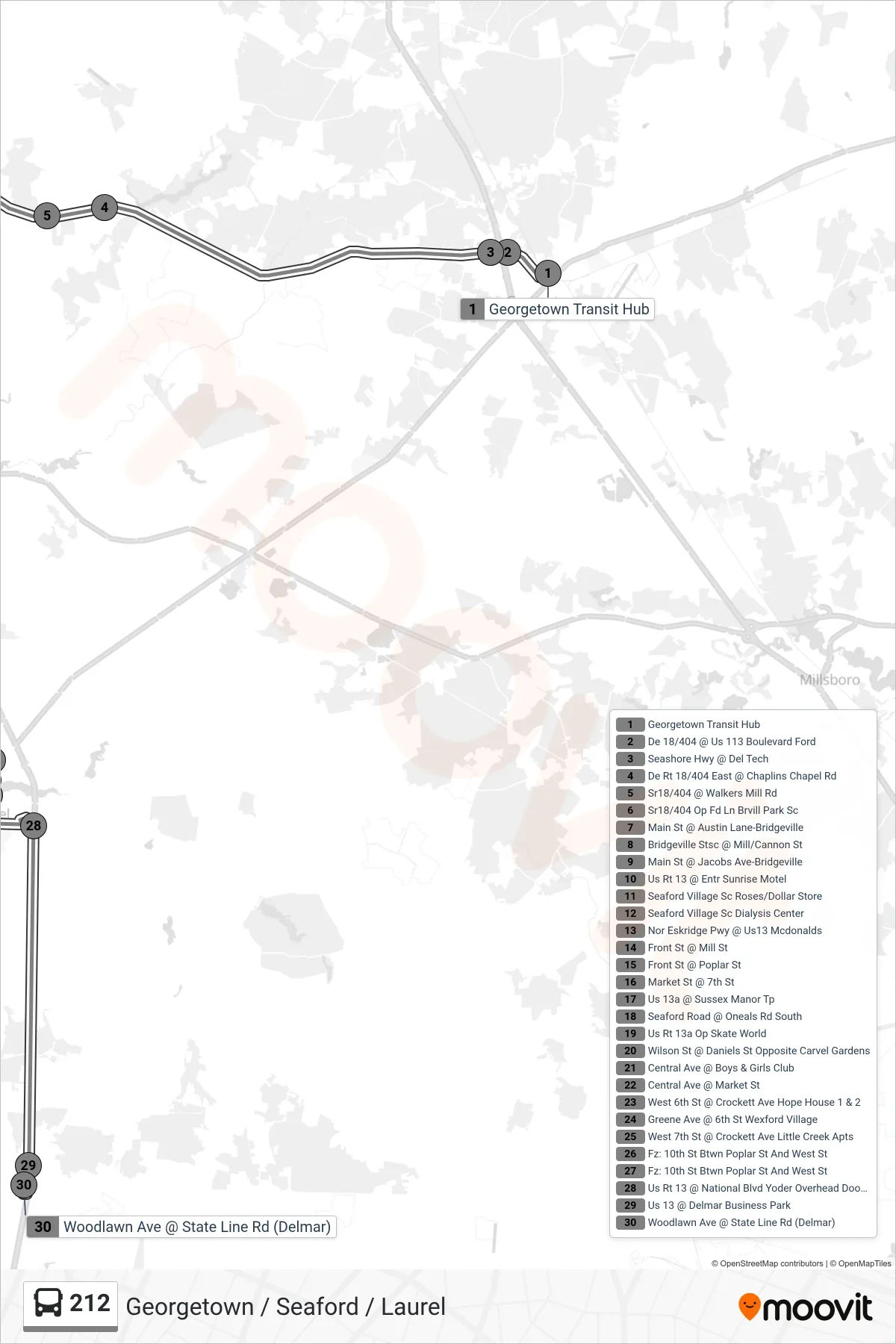 212 bus Line (212 Delmar) route and stops on a map