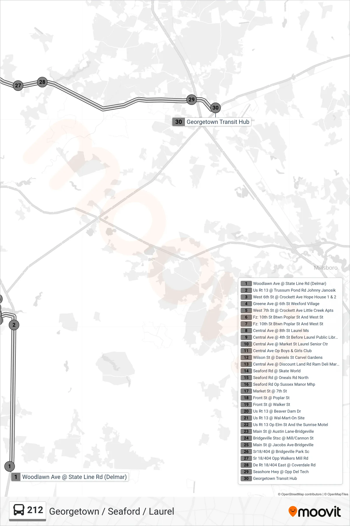 212 bus Line (212 Georgetown) route and stops on a map