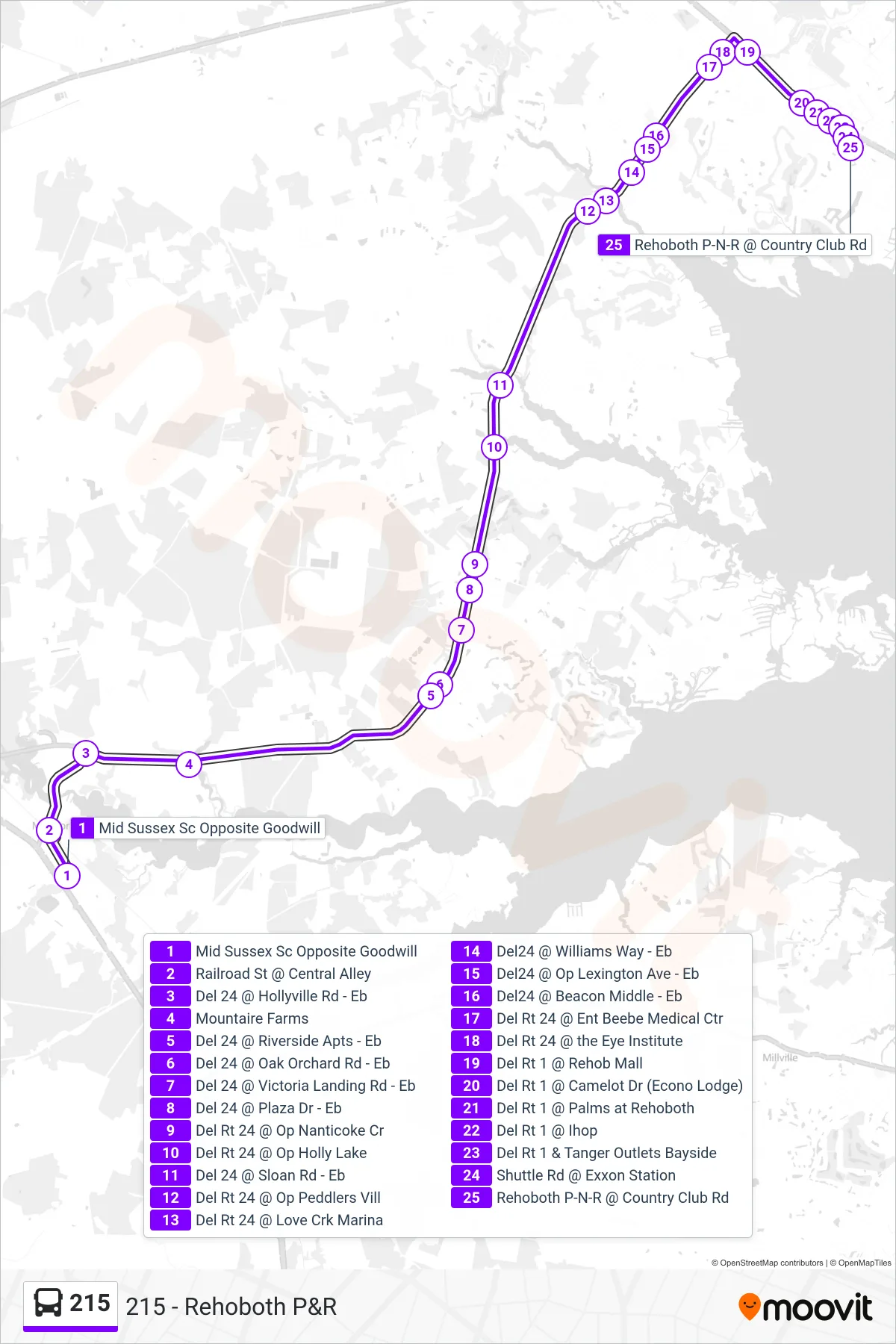215 bus Line (215 - Rehoboth P&R) route and stops on a map