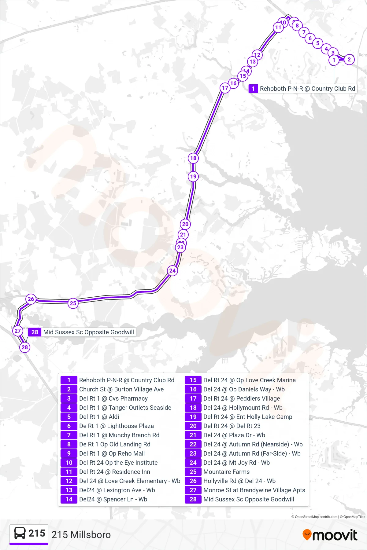 215 bus Line (215 Millsboro) route and stops on a map