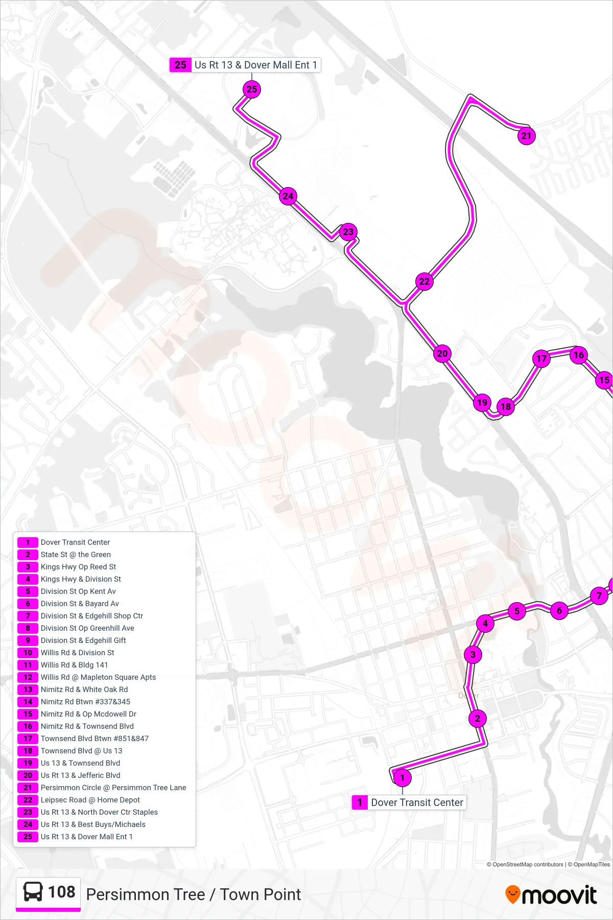 108 bus Line (108 Persimmon Tree - Dover Mall) route and stops on a map