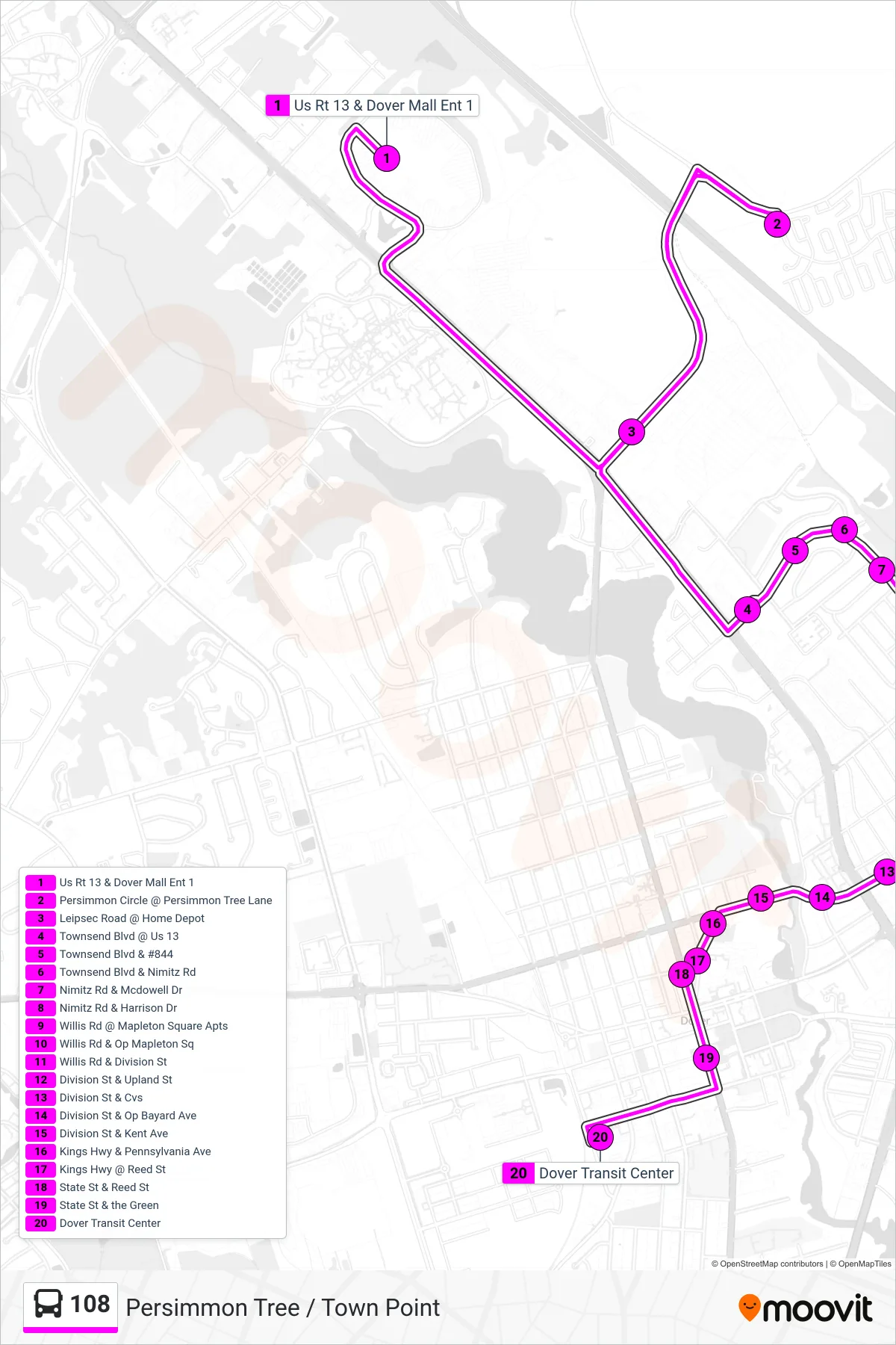 108 bus Line (108 Dover Transit Center) route and stops on a map