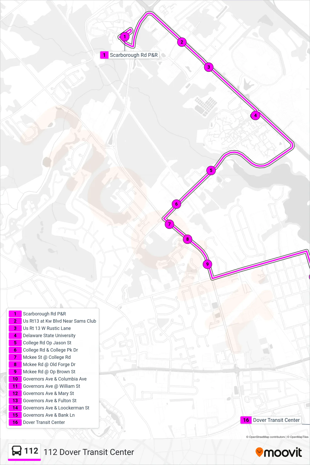 112 bus Line (112 Dover Transit Center) route and stops on a map