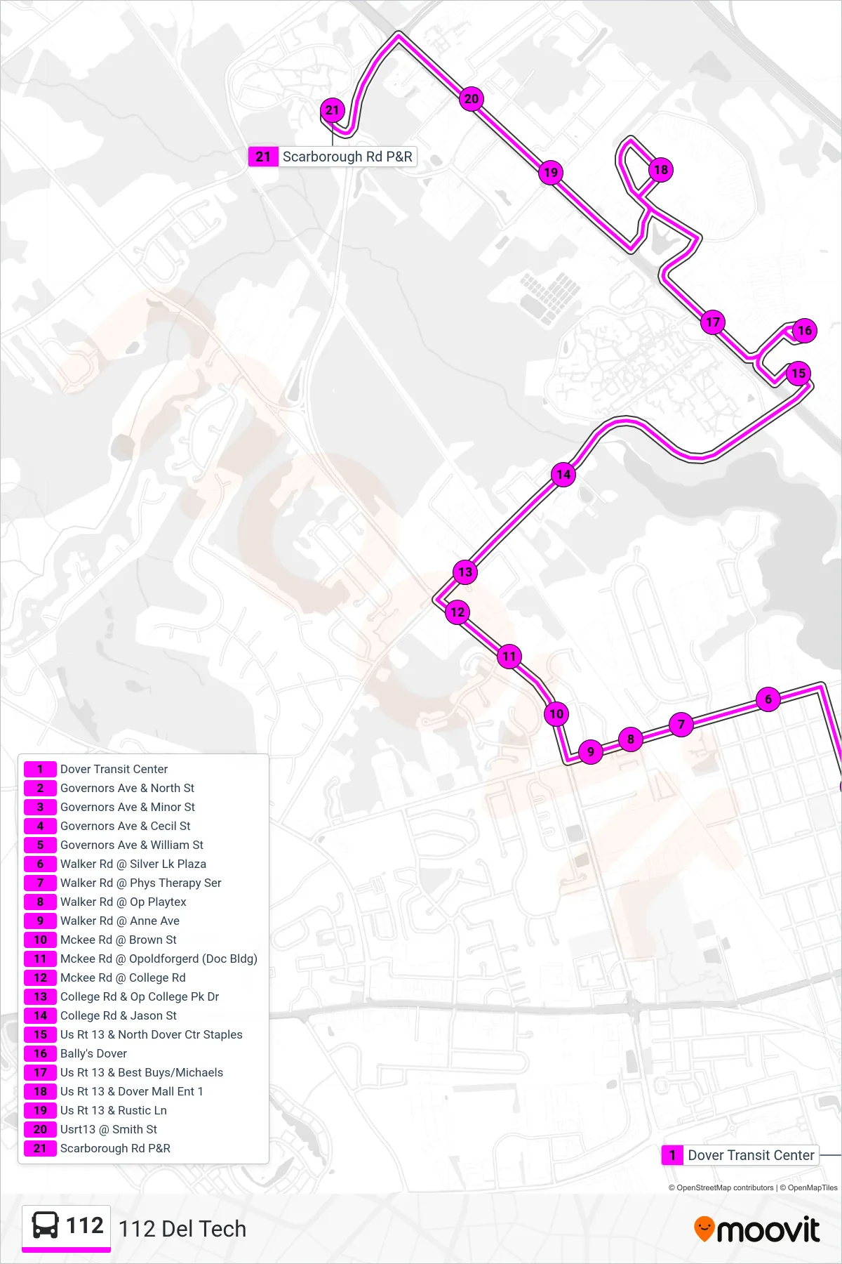 112 bus Line (112 Del Tech) route and stops on a map