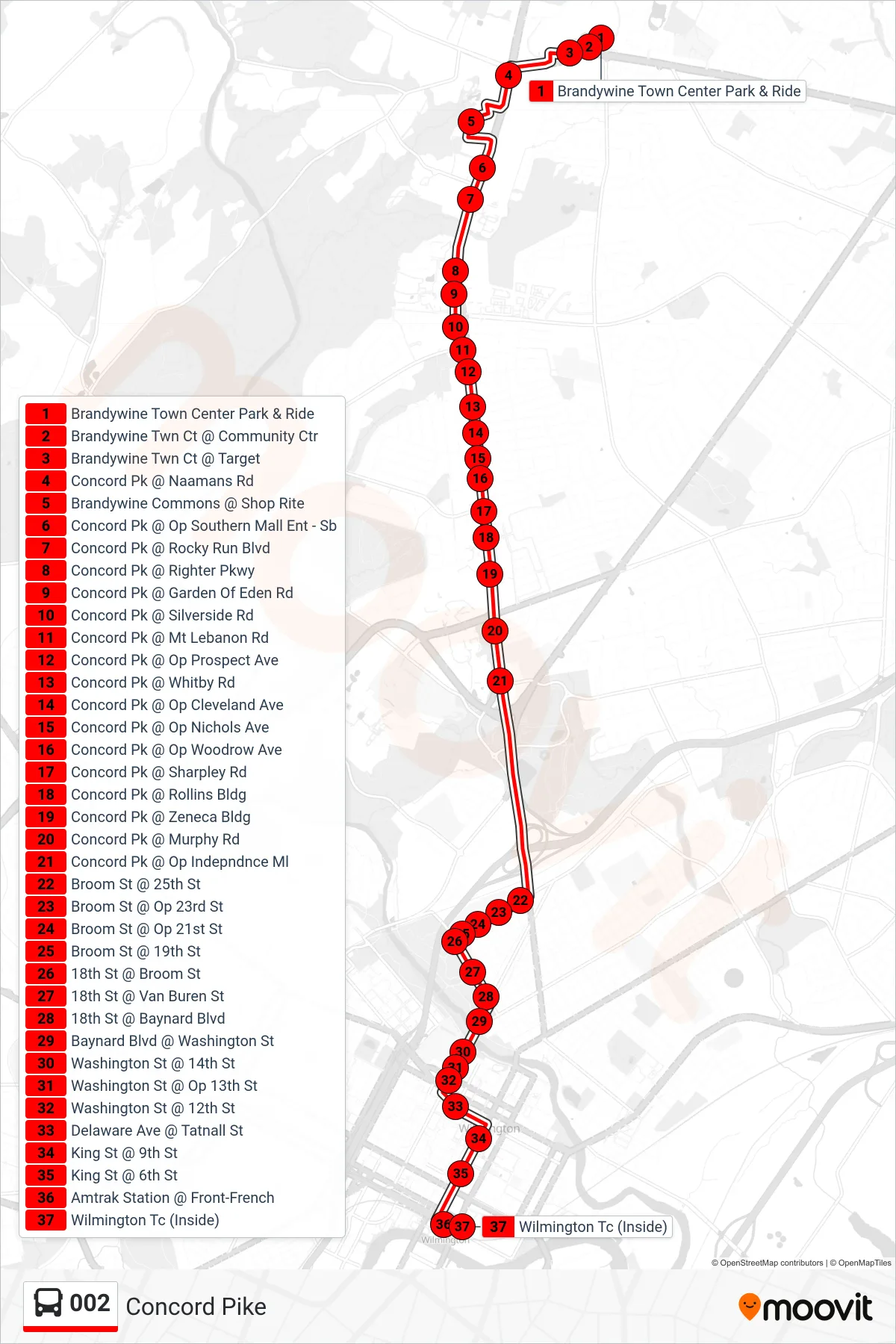 002 bus Line (2 Wilm Transit Ctr) route and stops on a map