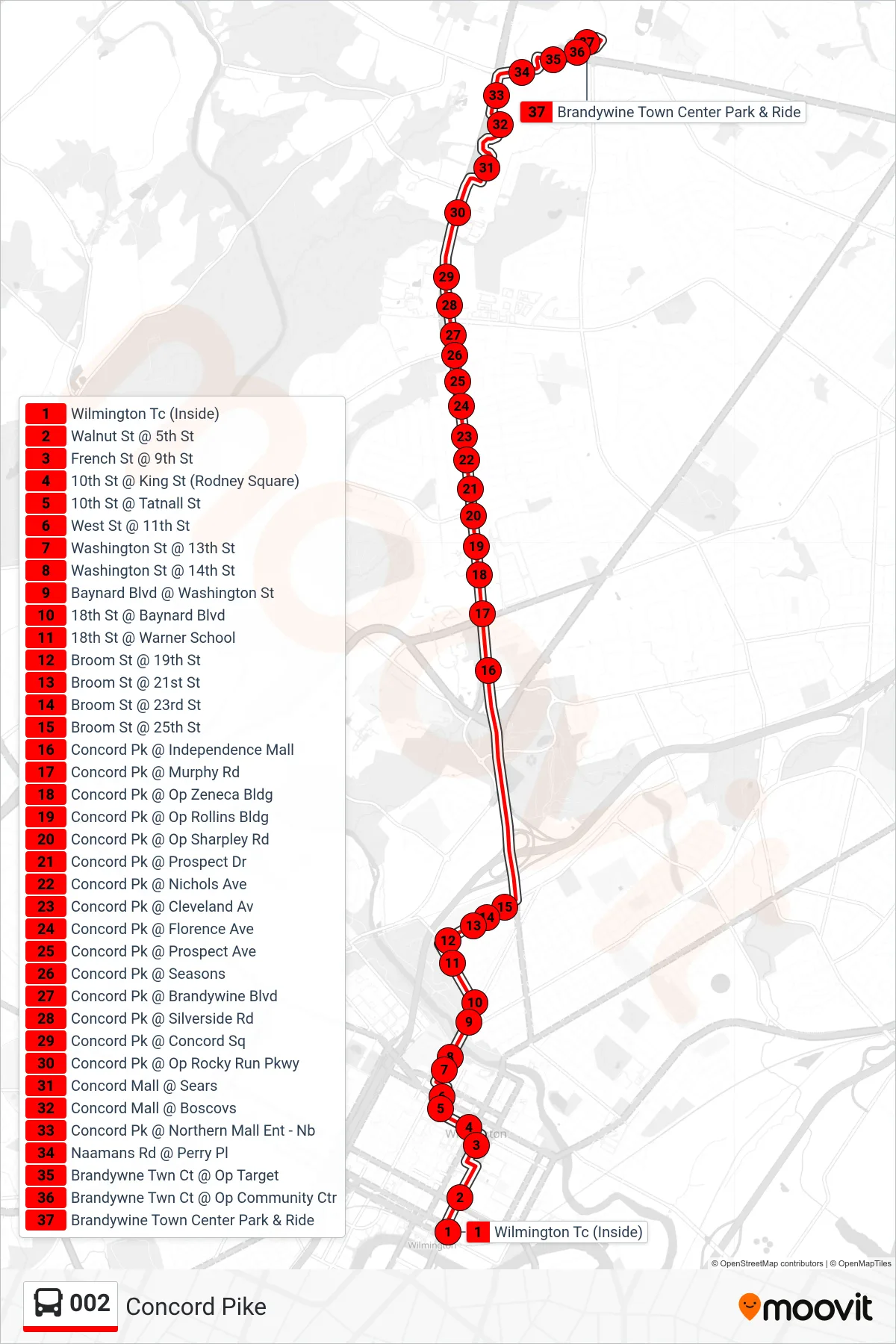 002 bus Line (2 Brandywine Town Ctr) route and stops on a map