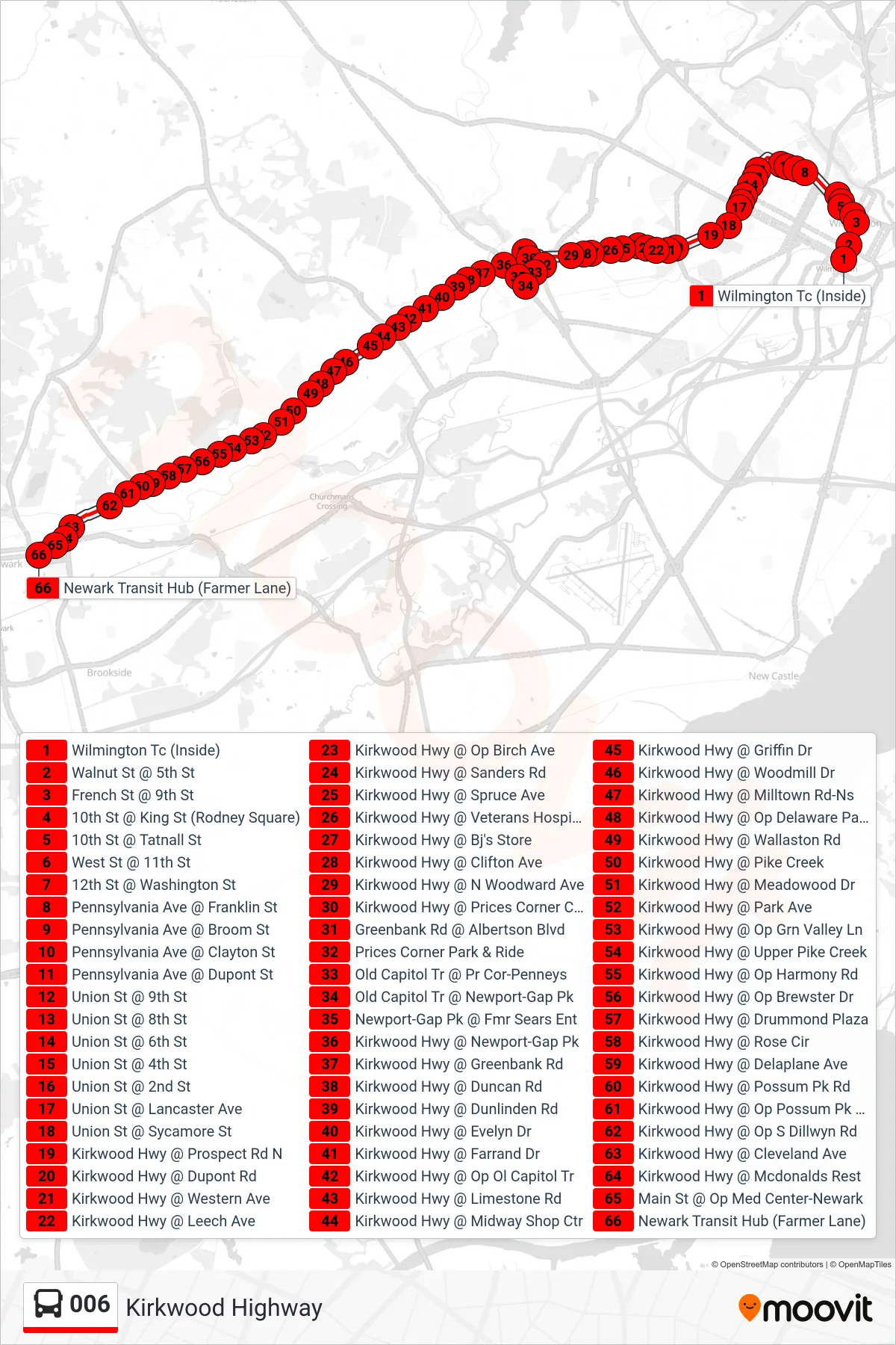 006 bus Line (6 Newark Hub) route and stops on a map