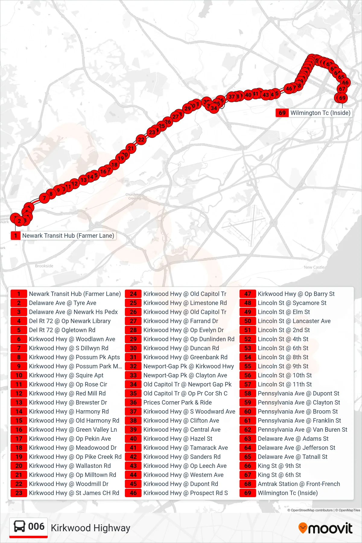 006 bus Line (6 Wilm Transit Ctr) route and stops on a map