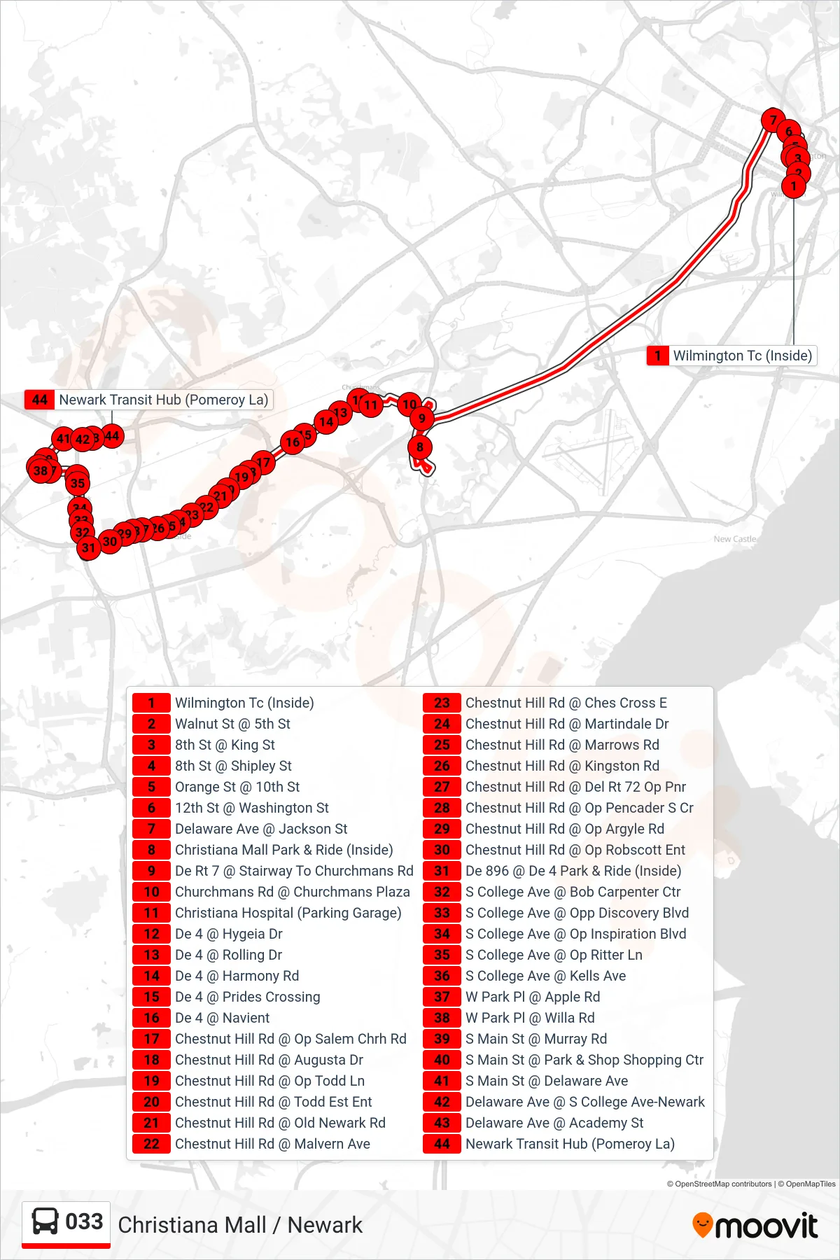 033 bus Line (33 Newark Hub) route and stops on a map