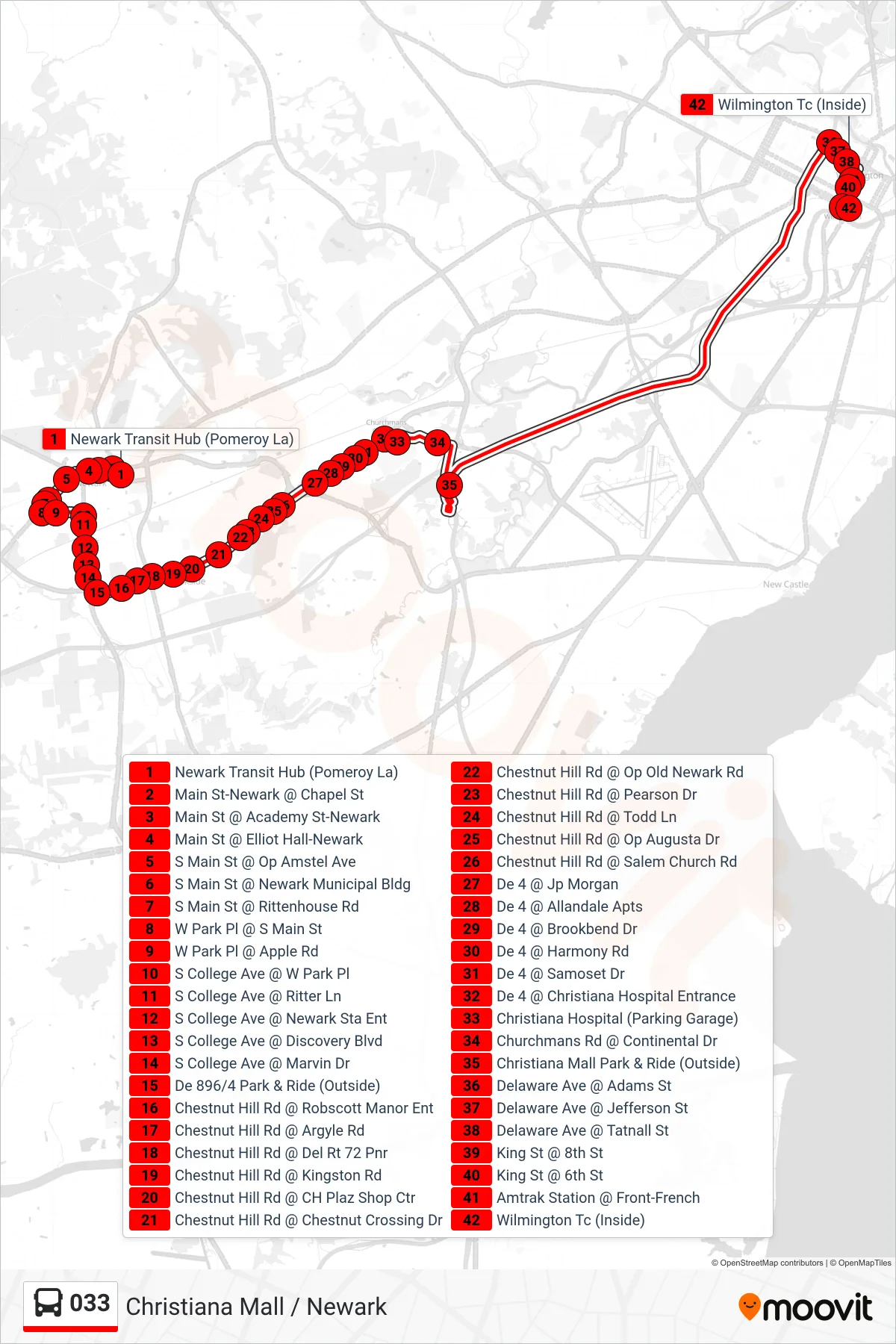 033 bus Line (33 Wilm Trans Ctr) route and stops on a map