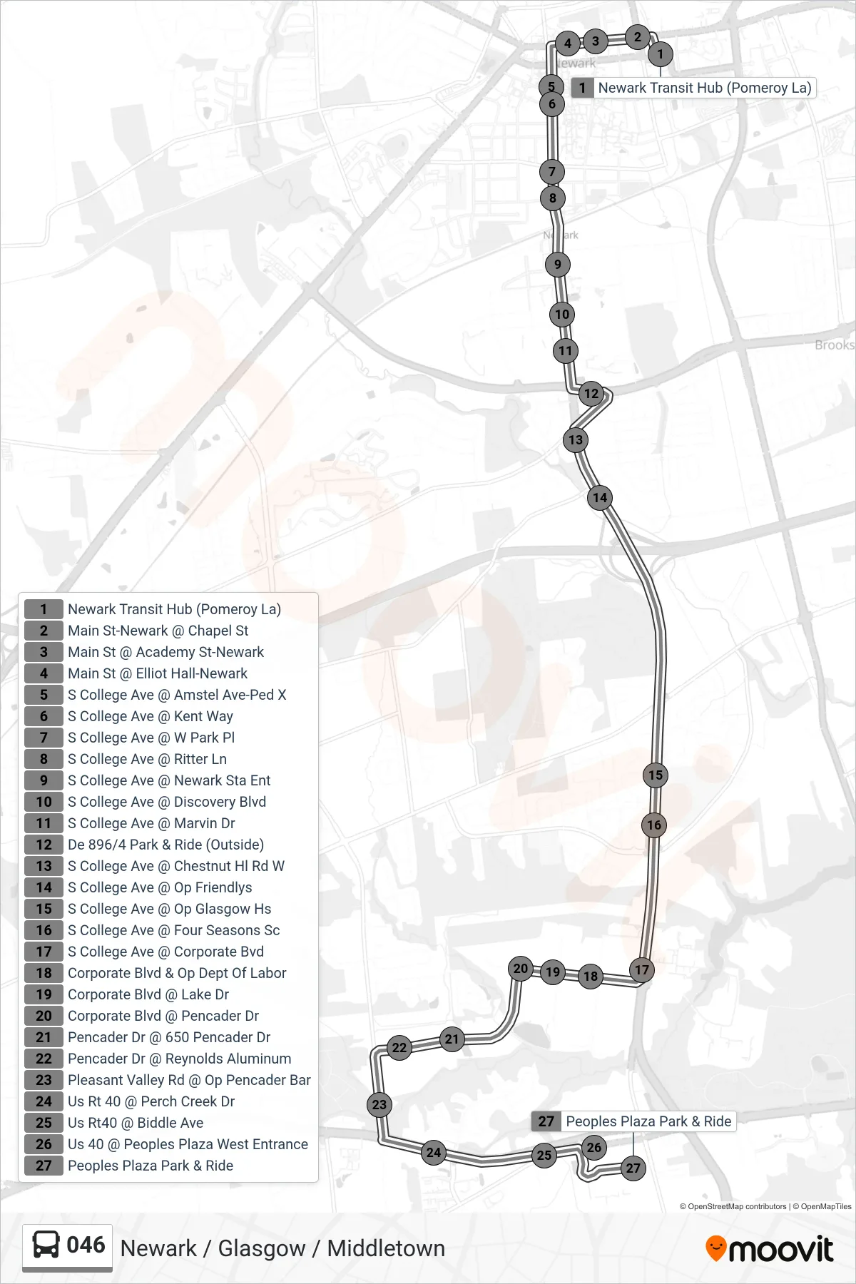 046 bus Line (46 Peoples Plaza) route and stops on a map