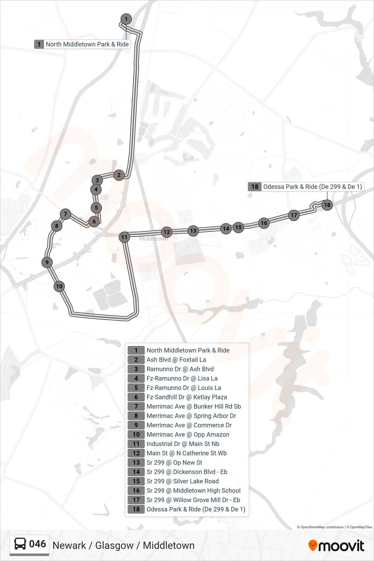 046 bus Line (46 Odessa P&R) route and stops on a map