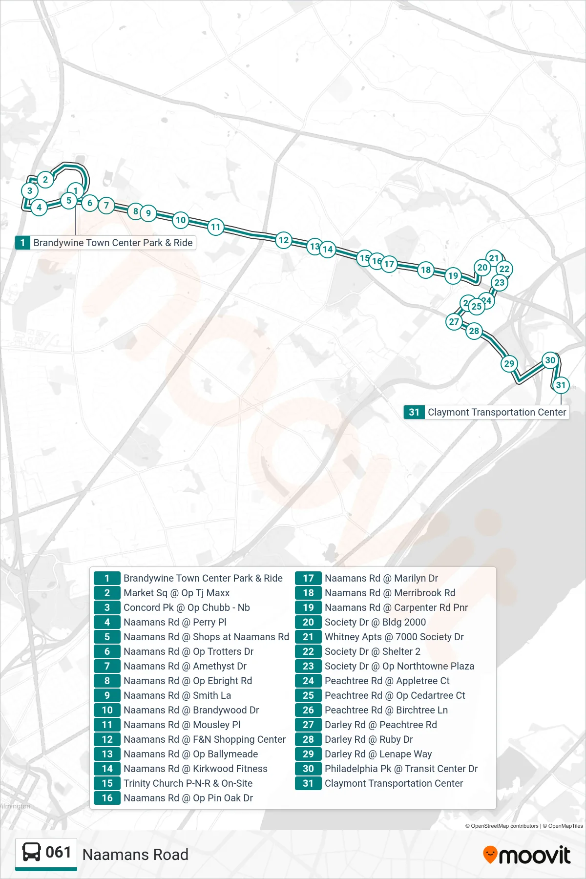 061 bus Line (61 Claymont Trans Ctr) route and stops on a map