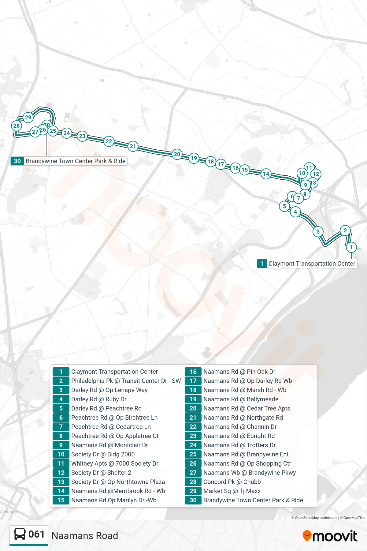 061 bus Line (61 Brandywine Town Ctr) route and stops on a map