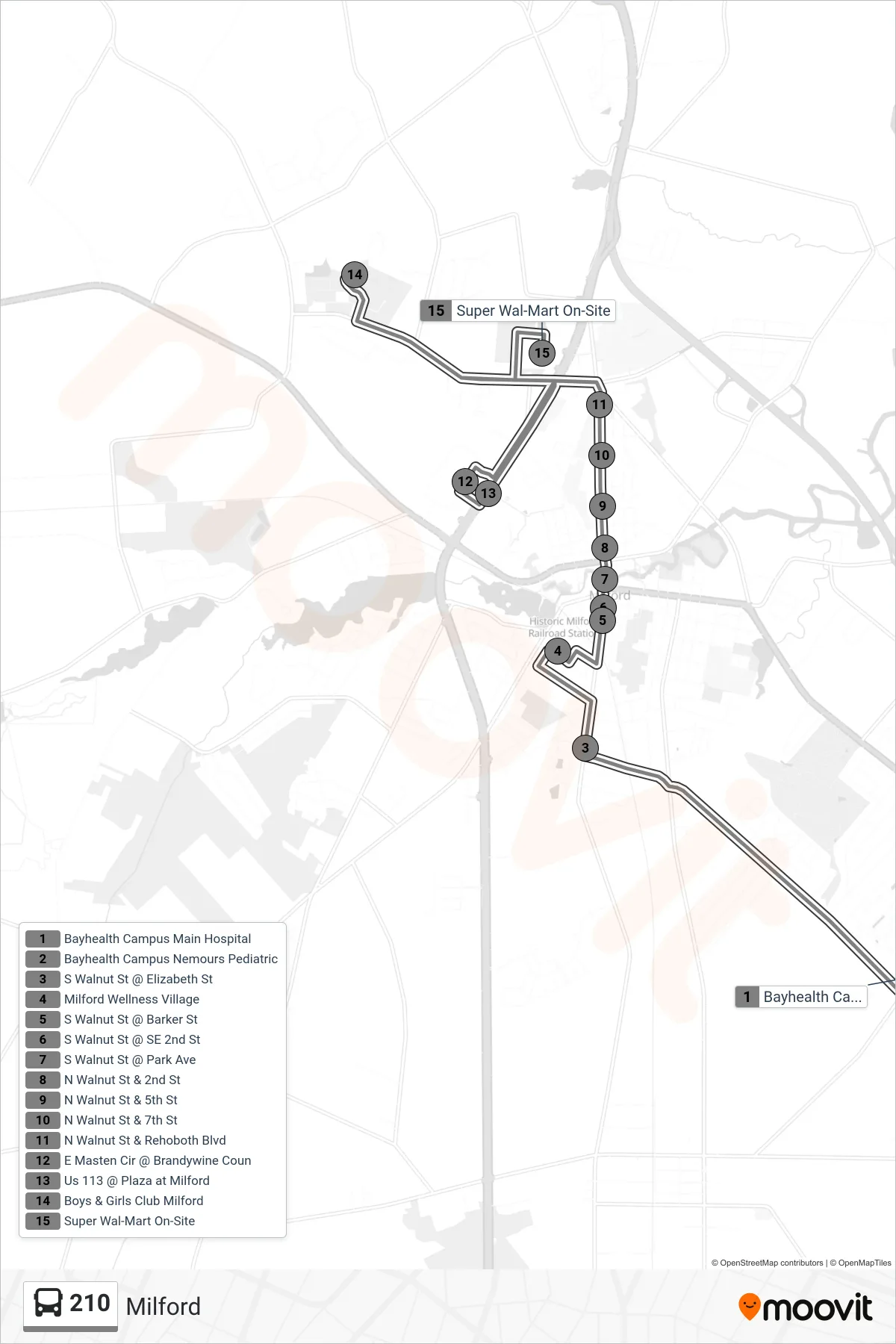 210 bus Line (210 Walmart) route and stops on a map