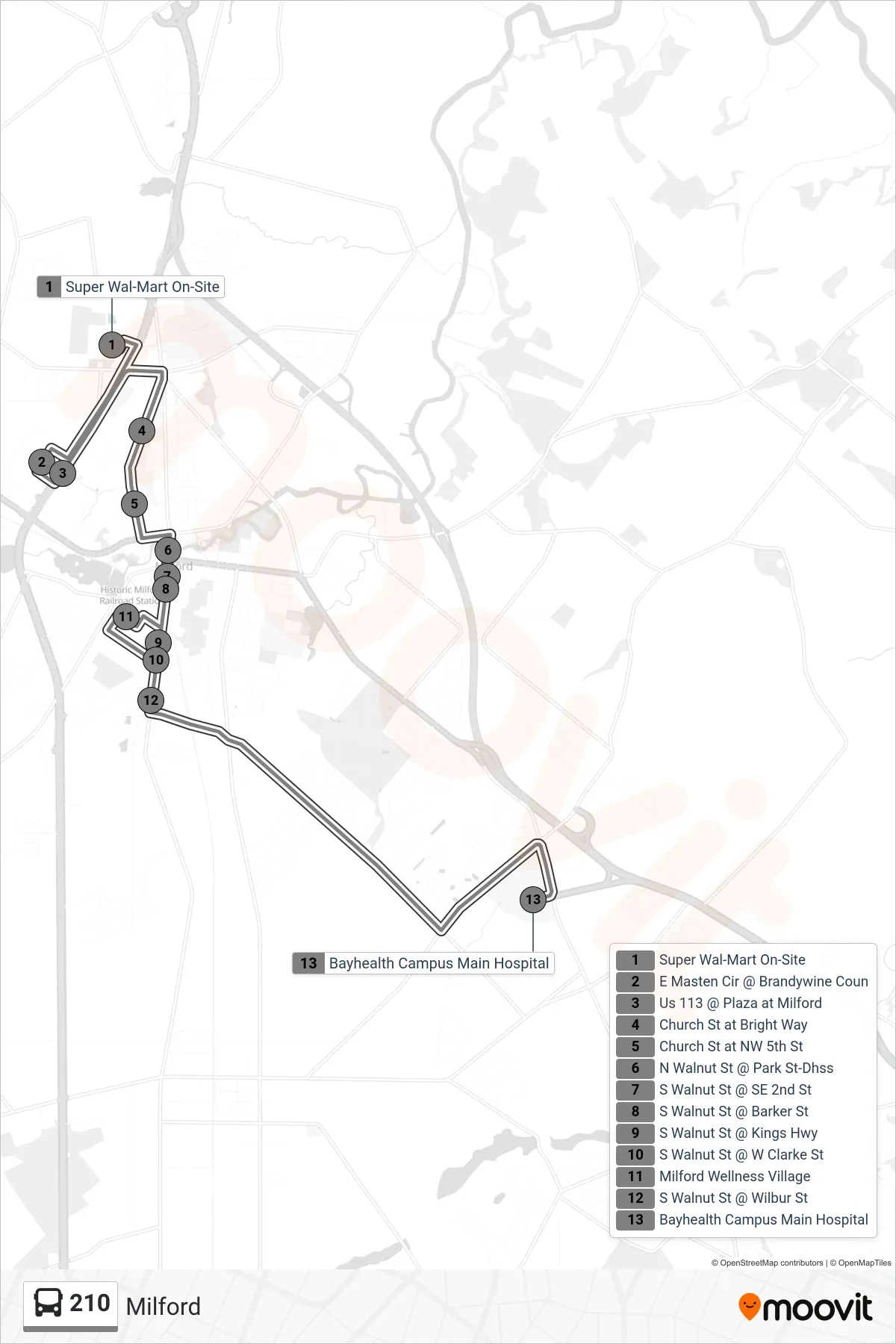 210 bus Line (210 Bayhealth) route and stops on a map