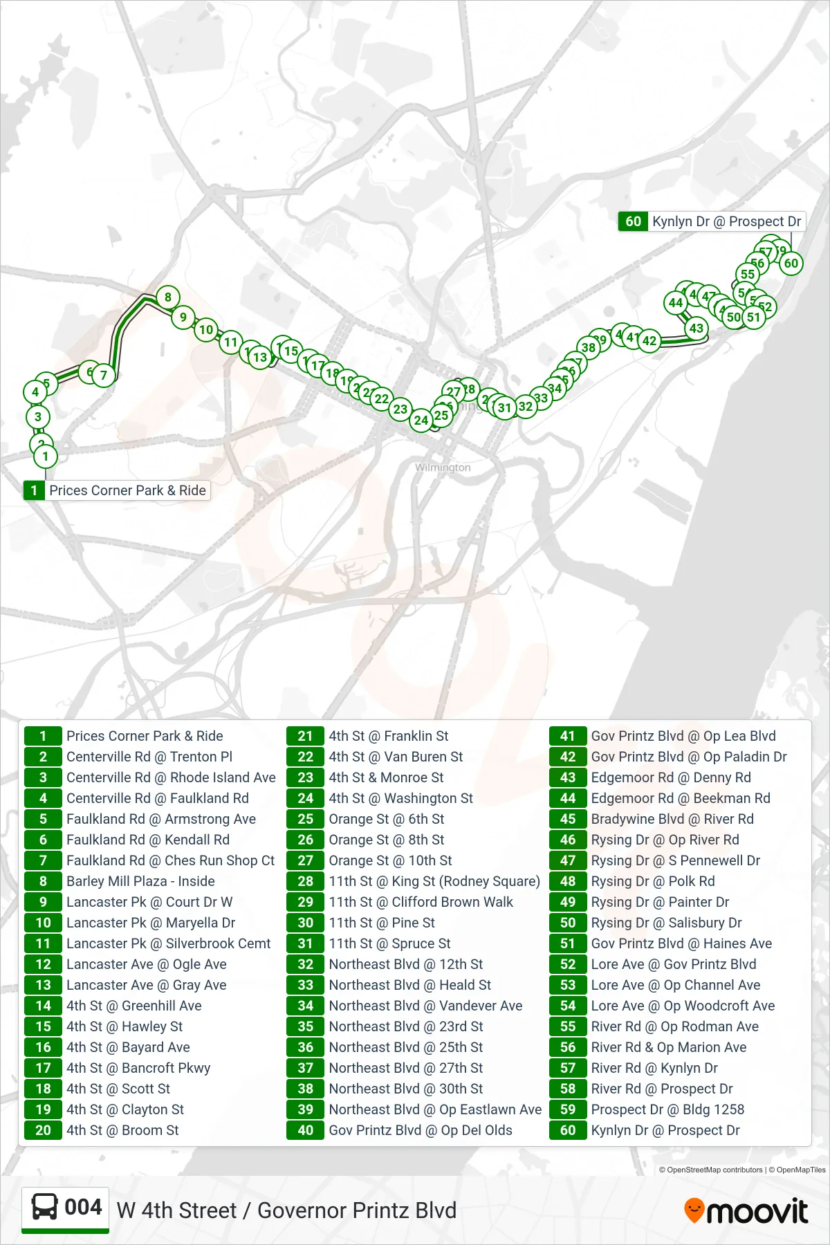 004 bus Line (4 Kynlyn Drive) route and stops on a map