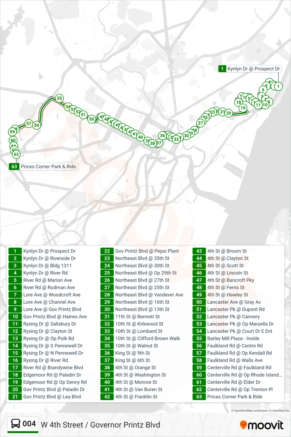 004 bus Line (4 Prices Corner) route and stops on a map