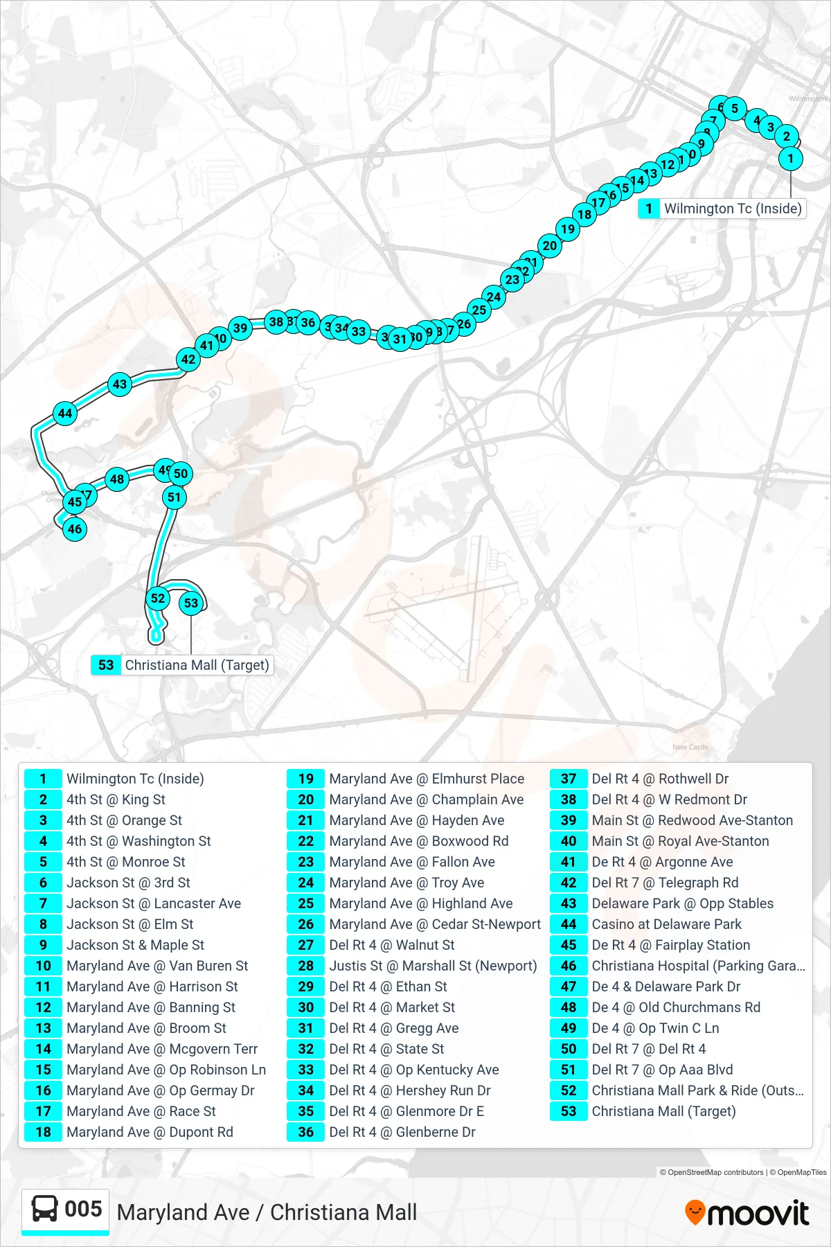 005 bus Line (5 Christiana Mall) route and stops on a map