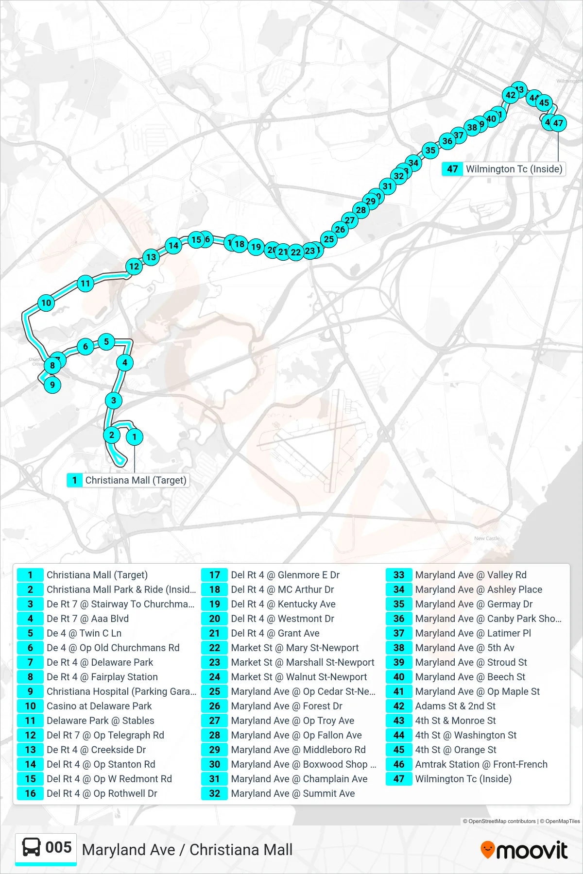 005 bus Line (5 Wilm Transit Ctr) route and stops on a map