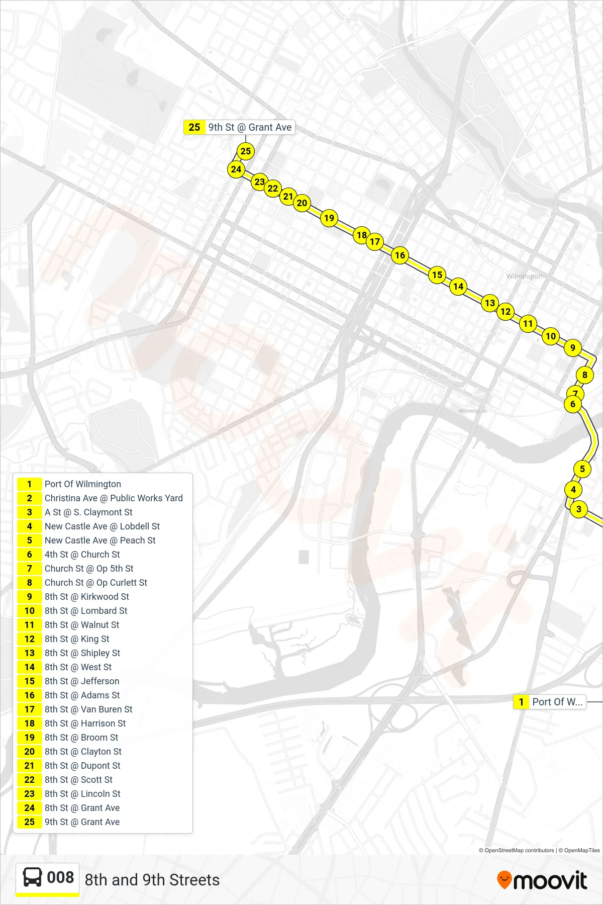 008 bus Line (8 Woodlawn Library) route and stops on a map