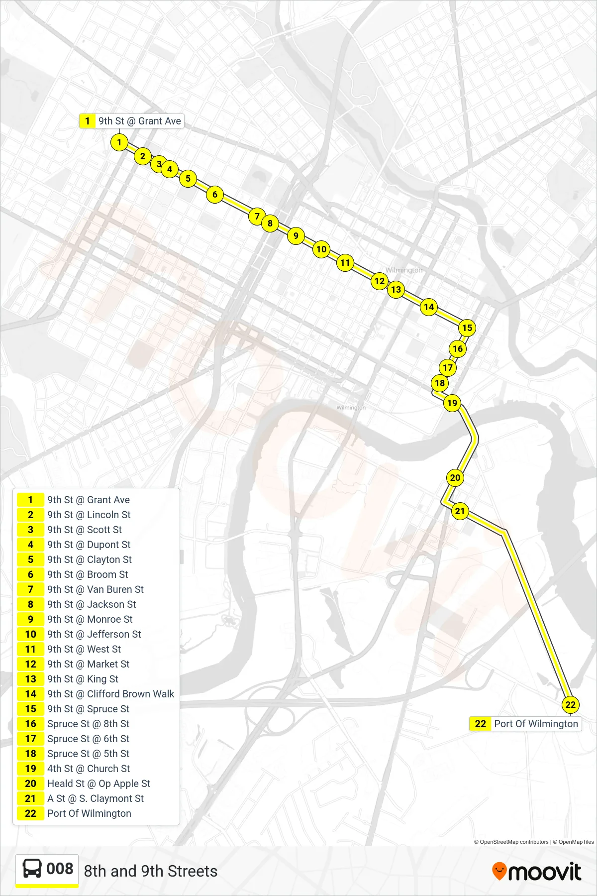 008 bus Line (8 Port Of Wilmington) route and stops on a map