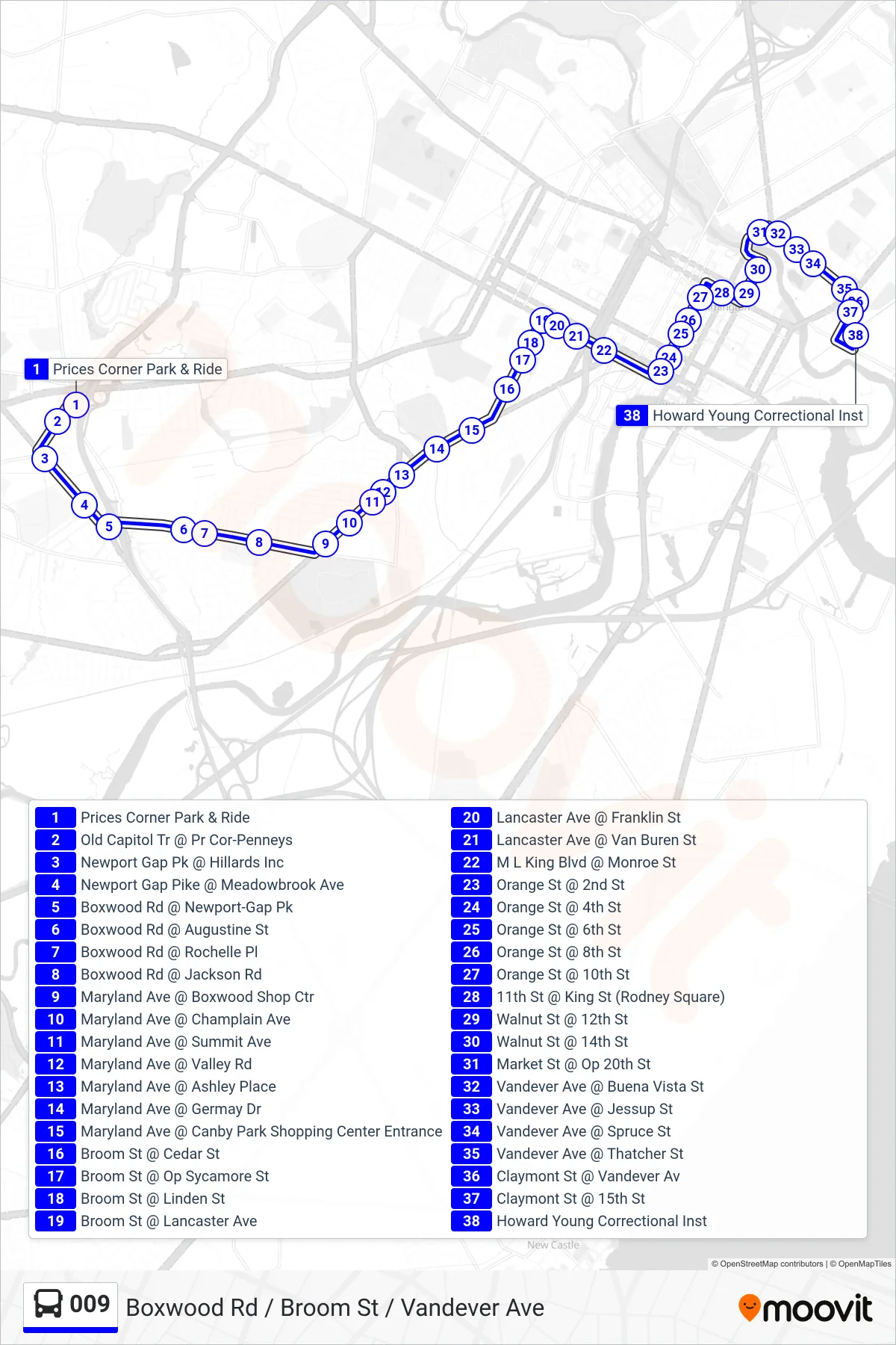 009 bus Line (9 Wilmington - Bowers & 12th Sts) route and stops on a map