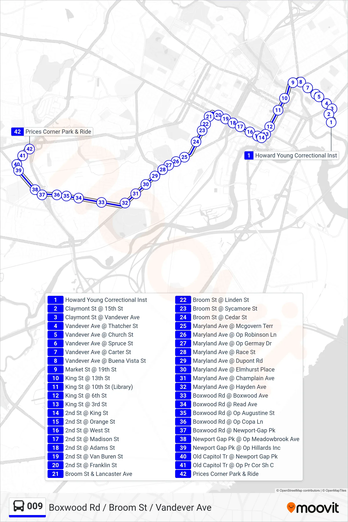 009 bus Line (9 Prices Corner) route and stops on a map