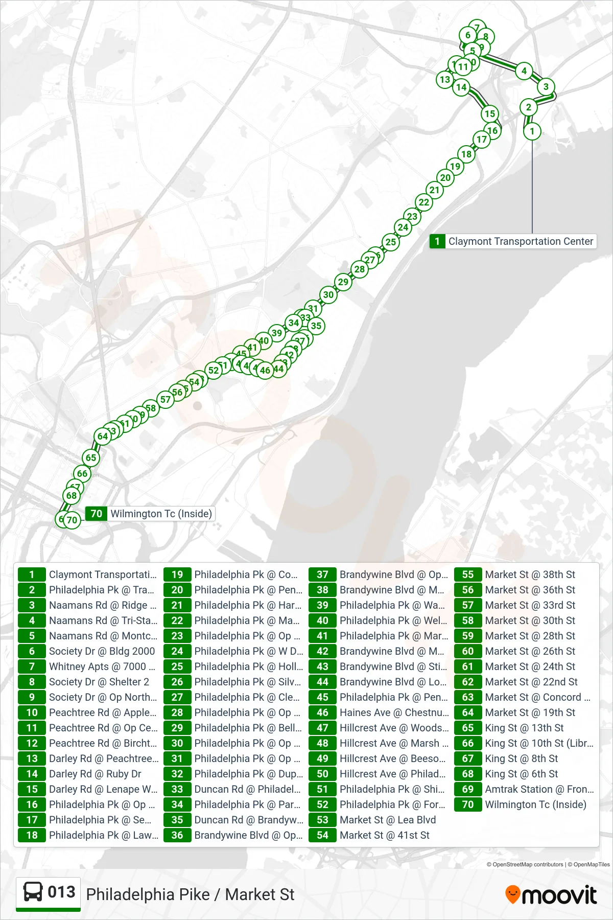 013 bus Line (13 Wilm Trans Ctr) route and stops on a map
