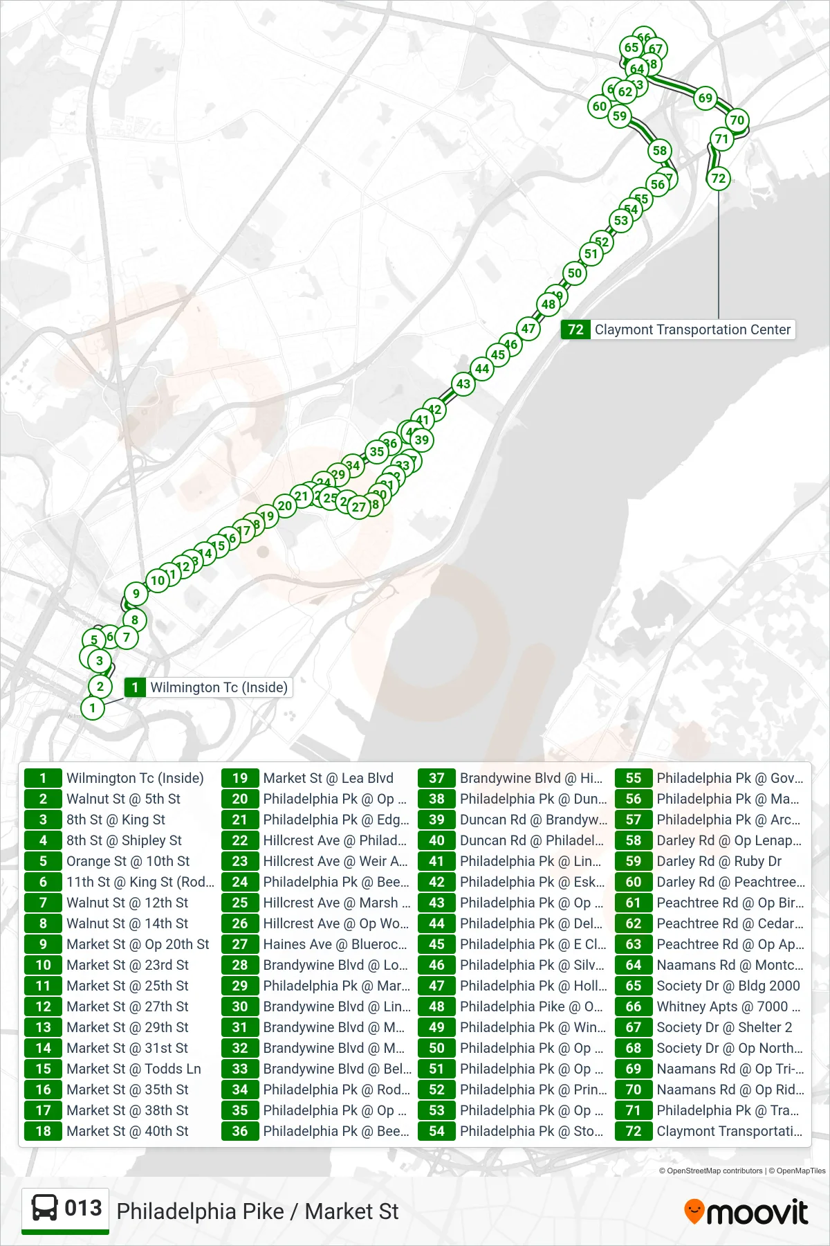013 bus Line (13 Claymont Trans Ctr) route and stops on a map