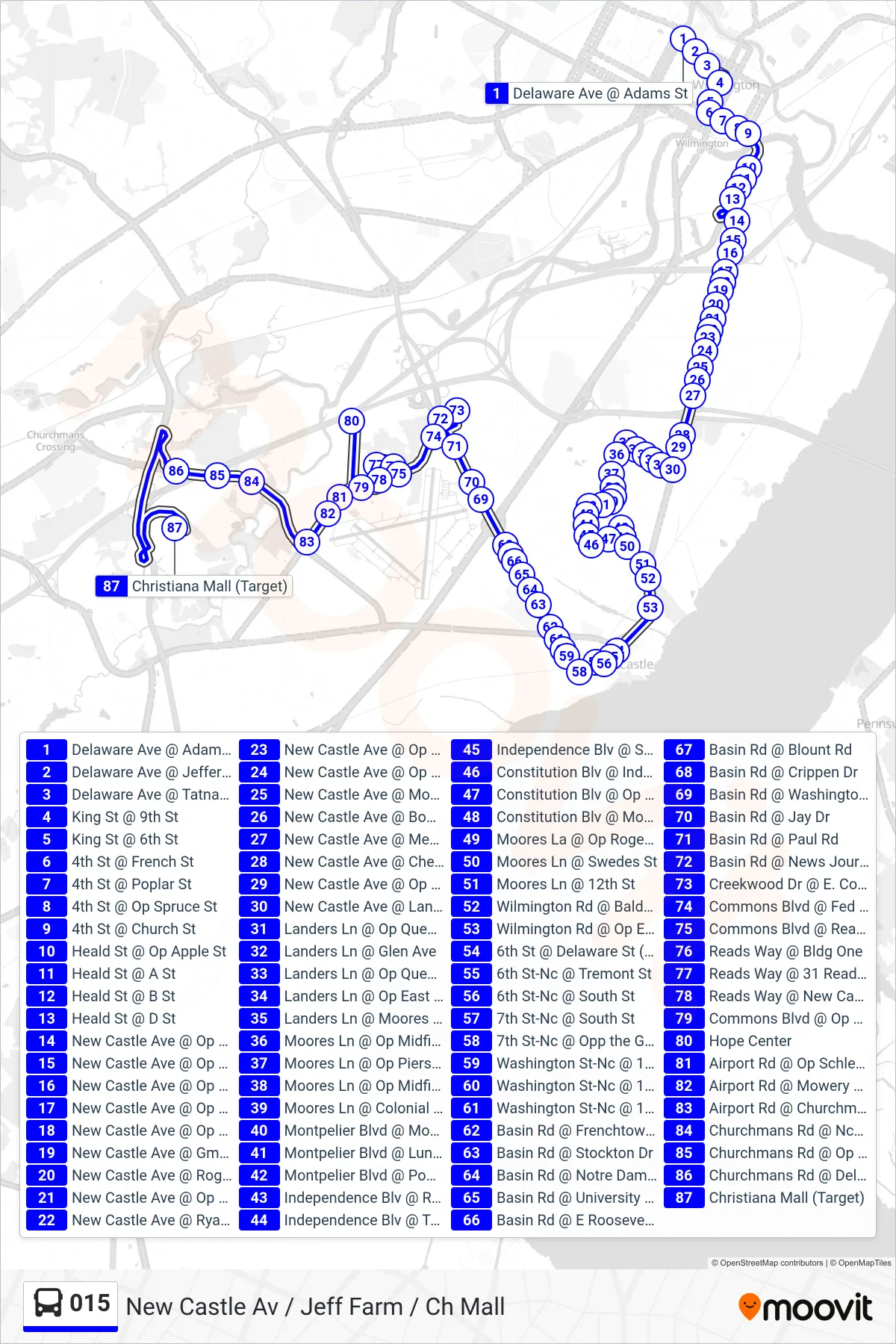 015 bus Line (15 Jefferson Farms - Creekwood - Christiana Mall) route and stops on a map