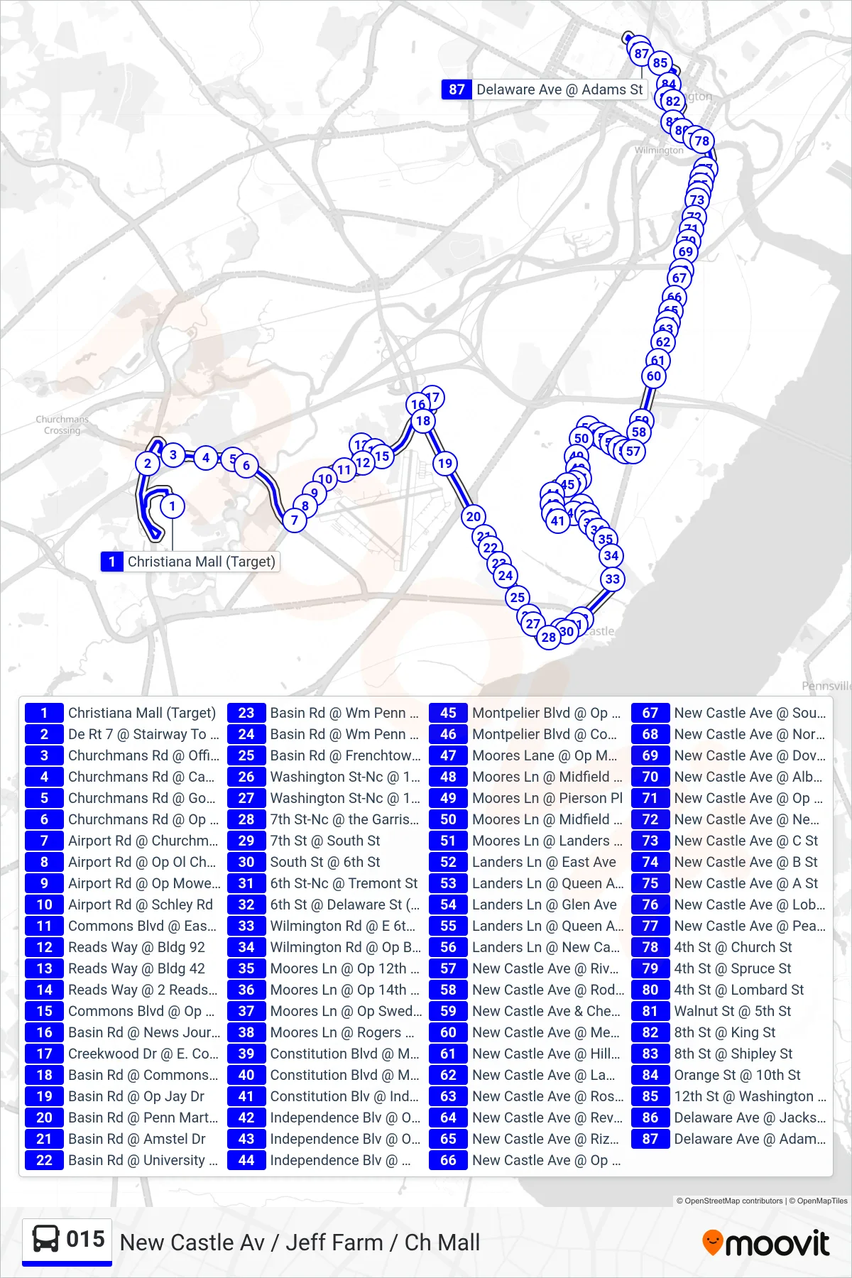 015 bus Line (15 Creekwood - Jefferson Farms - Wilmington) route and stops on a map