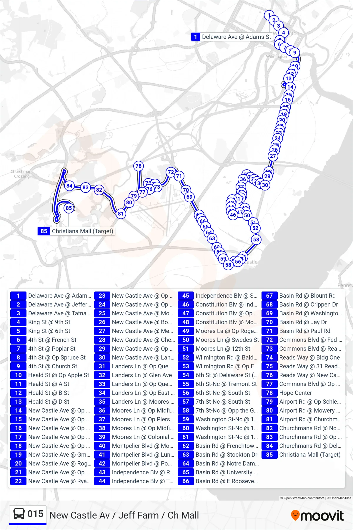 015 bus Line (15 Jefferson Farms - Christiana Mall) route and stops on a map