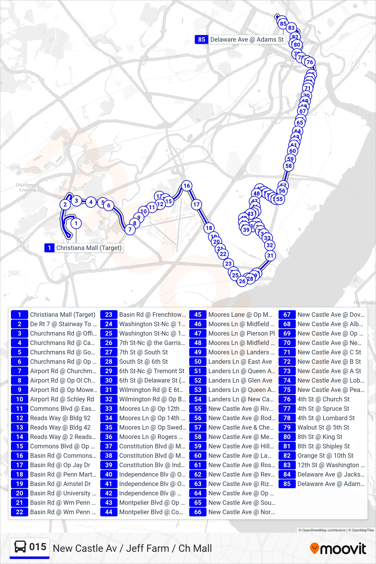 015 bus Line (15 Jefferson Farms - Wilmington) route and stops on a map