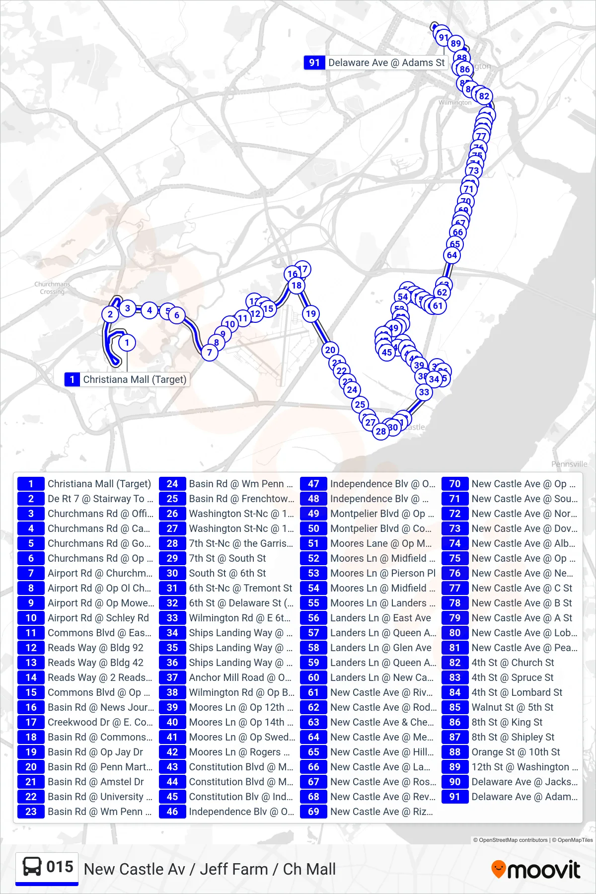 015 bus Line (15 Jefferson Farms - Twin Spans - Creekwood - Wilmington) route and stops on a map