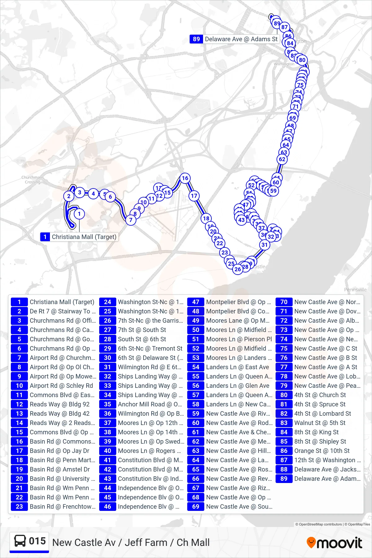 015 bus Line (15 Jefferson Farms - Twin Spans - Wilmington) route and stops on a map