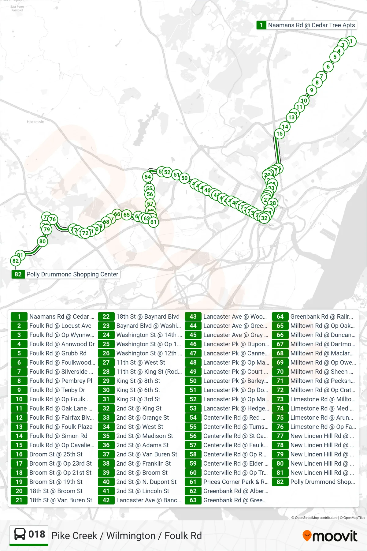 018 bus Line (18 Pike Creek) route and stops on a map