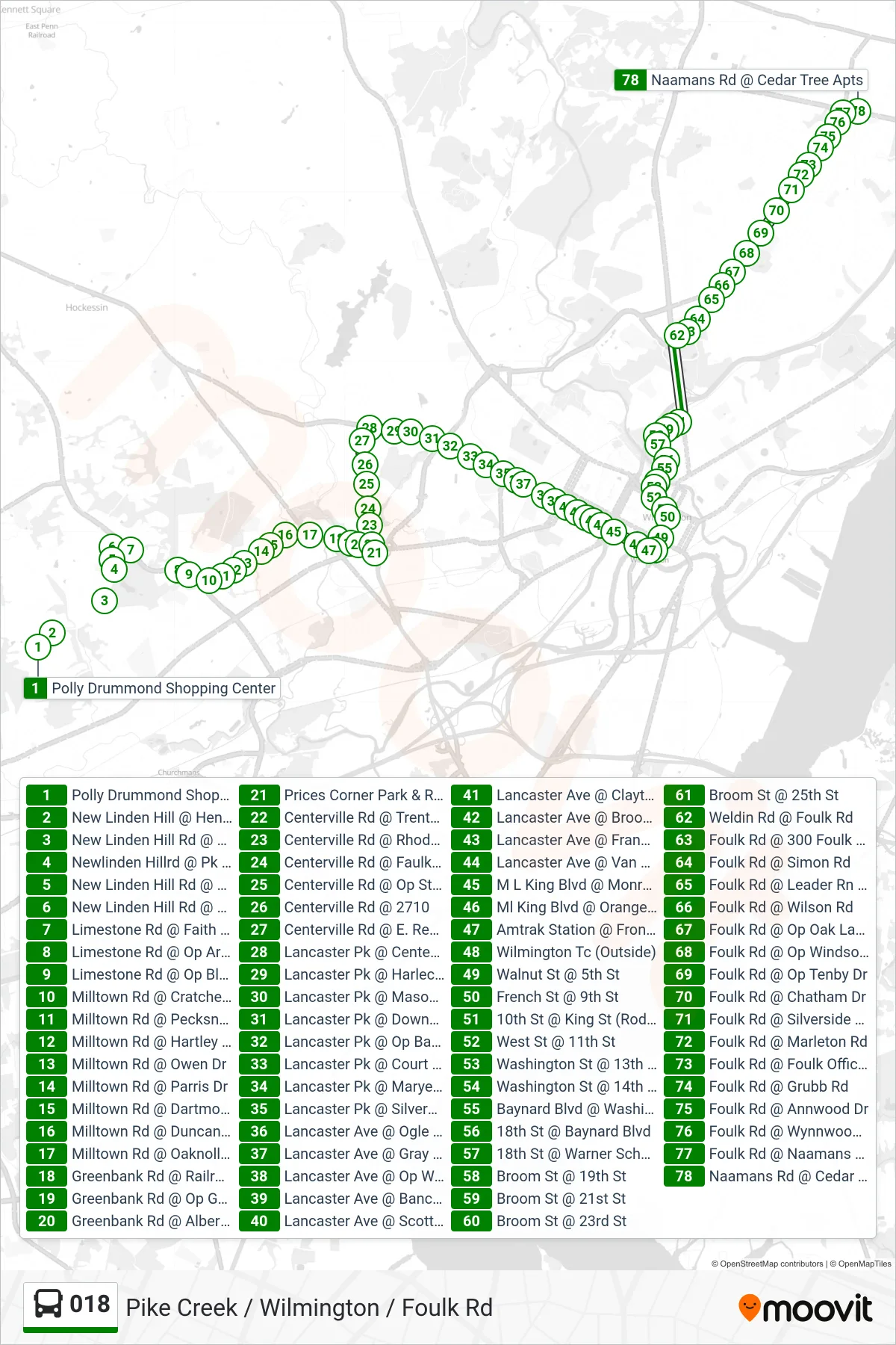 018 bus Line (18 Foulk & Naamans Rds) route and stops on a map
