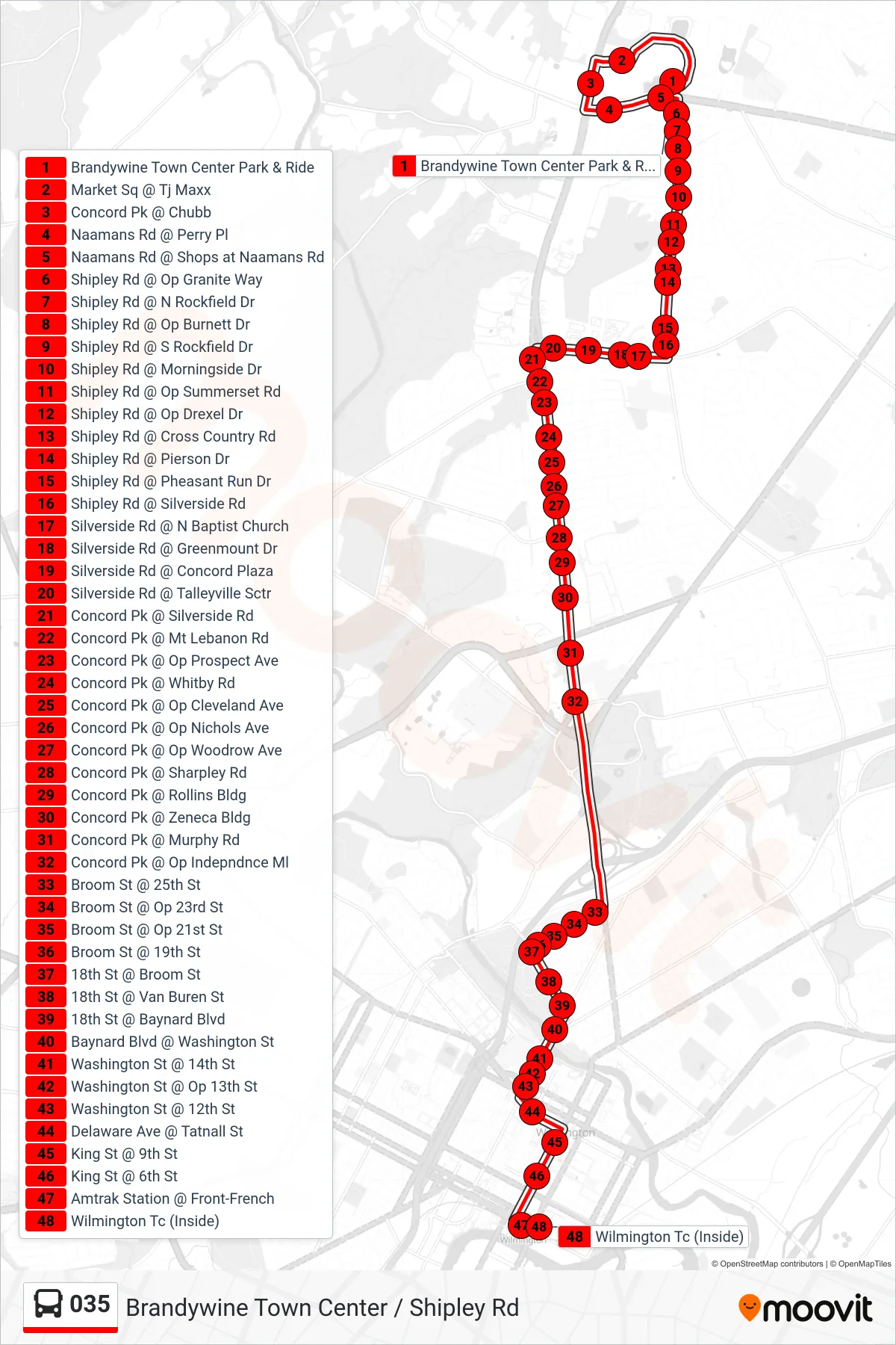 035 bus Line (35 Wilm Transit Ctr) route and stops on a map